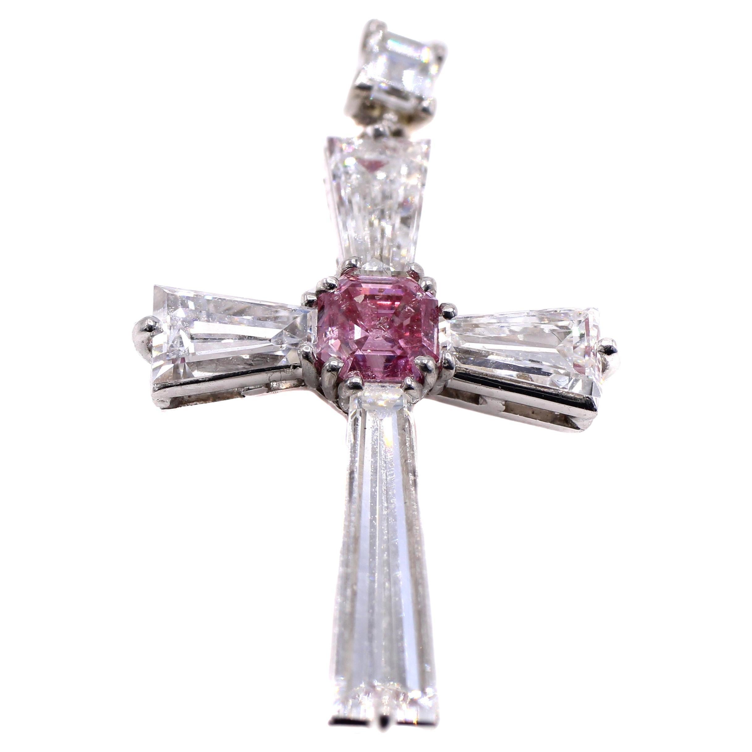 Rare Fancy Intense Purplish Pink Diamond and Baguette Diamond Cross Pendant
