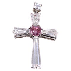 Rare Fancy Intense Purplish Pink Diamond and Baguette Diamond Cross Pendant