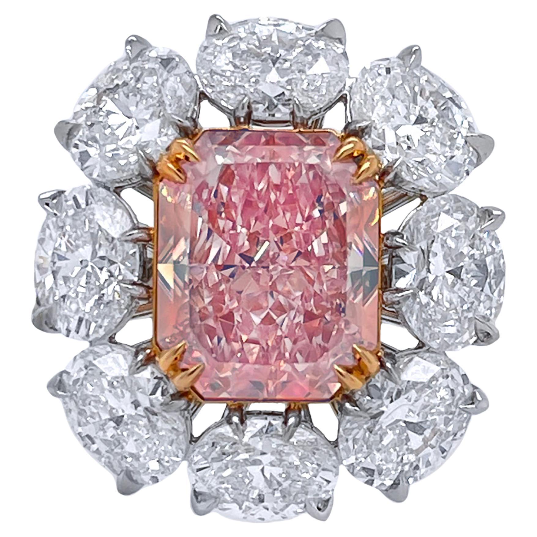 Rare 3.08 Carats Radiant Cut Fancy Pink Flower Diamond Ring GIA Certified  For Sale
