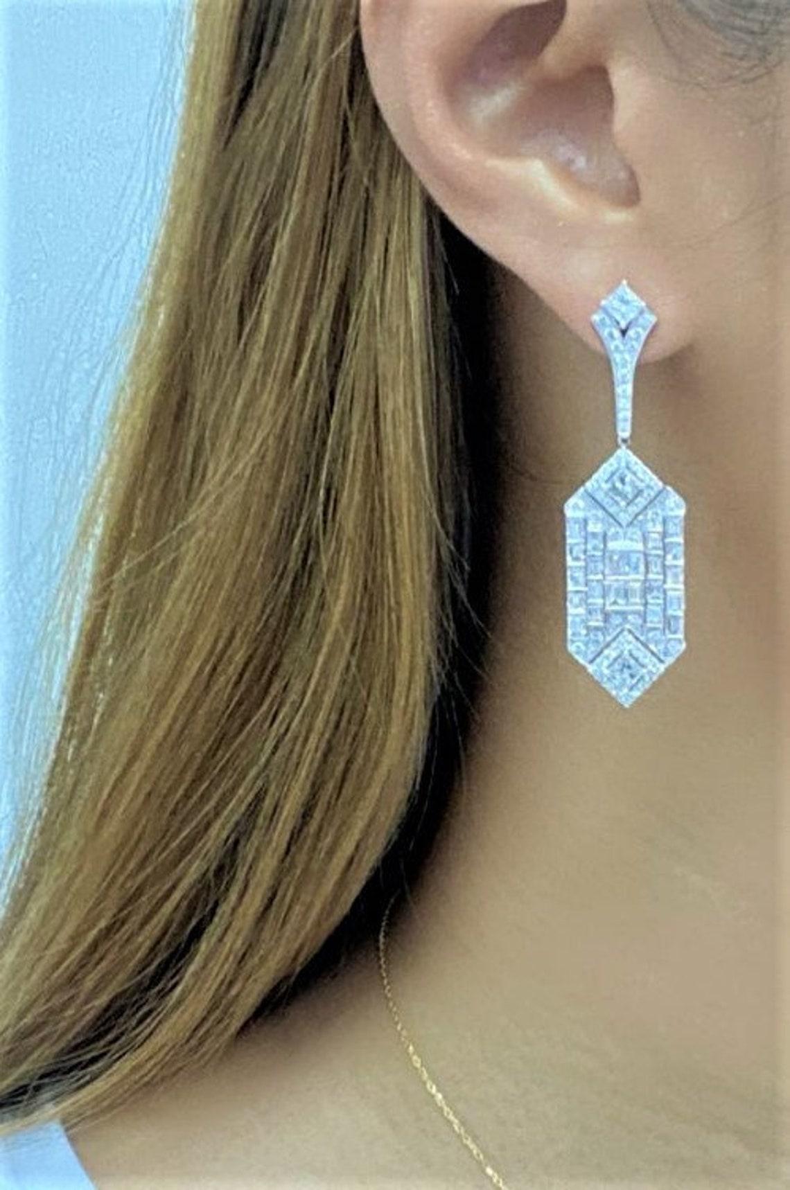 Mixed Cut Rare Fancy Platinum 6.50CT Glittering Diamond Deco Style Dangle Earrings For Sale