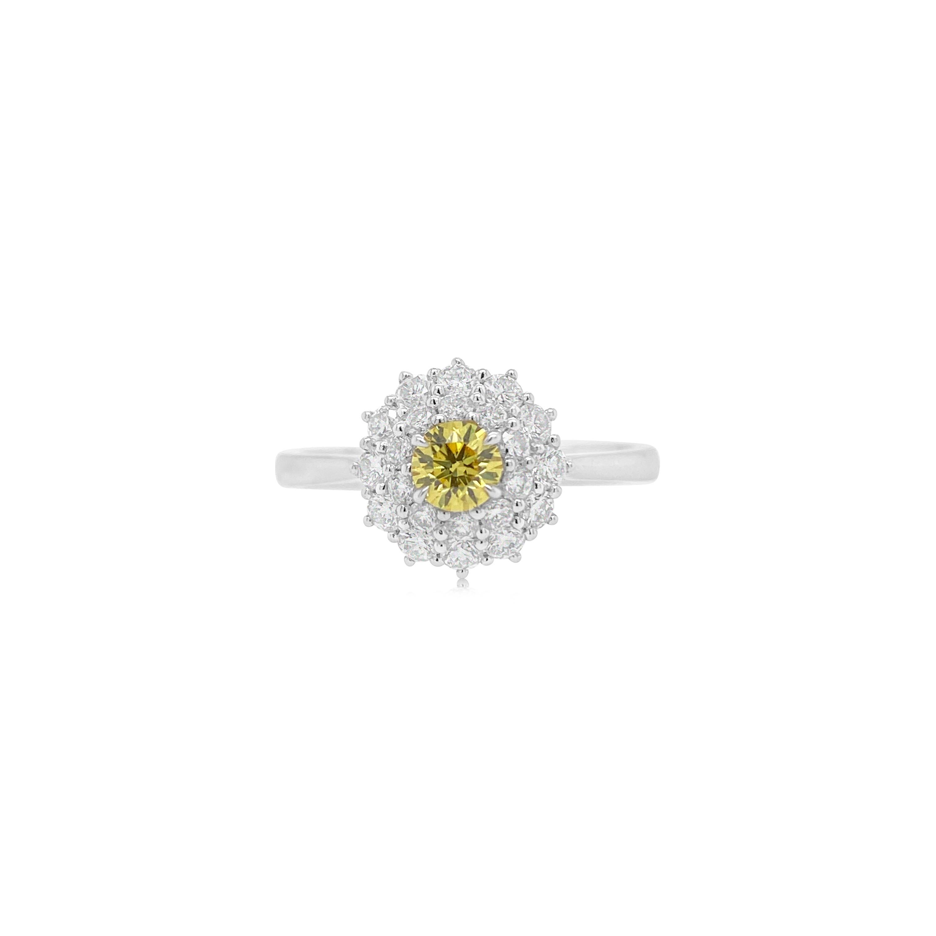 This ring has a rare combination of Natural Fancy Vivid Yellow diamond enclosed in a layered setting of white rose-cut diamonds. 
A beautiful rendition of color and shapes.
-	Centre Diamond is CGL Lab Certified Fancy Vivid Yellow diamond – 0.235