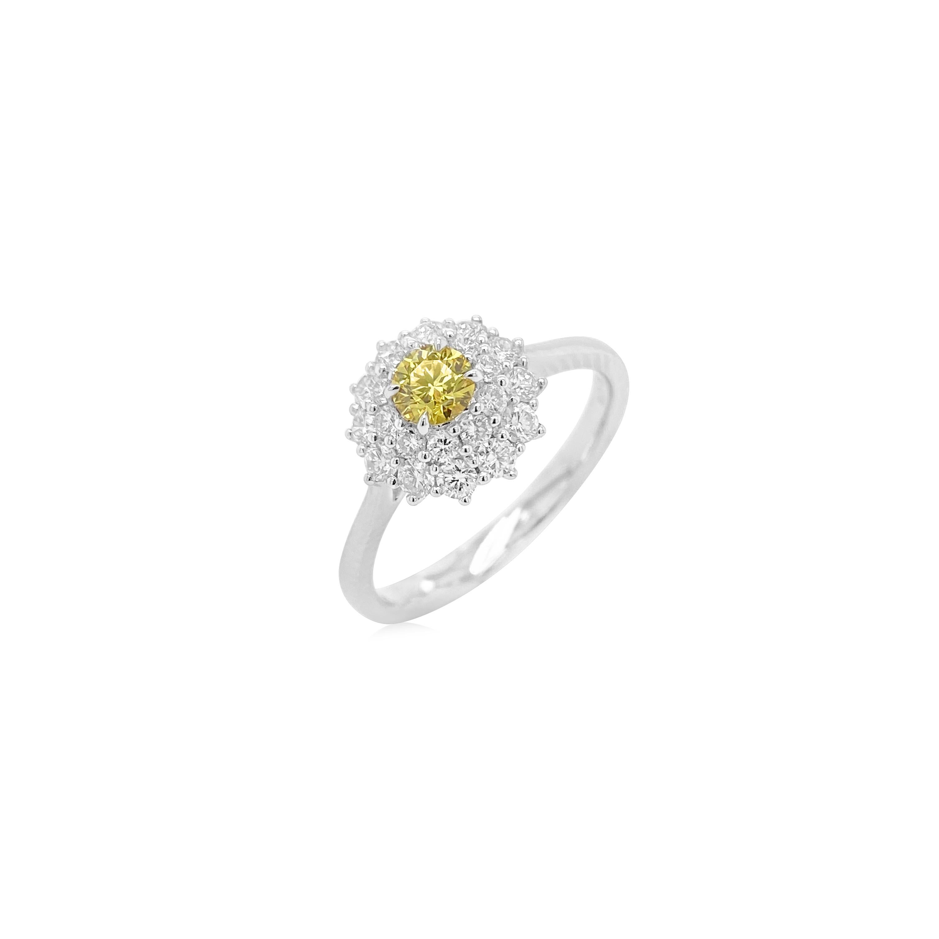 Round Cut Rare Fancy Vivid Yellow diamond decorated with Rose cut white diamonds For Sale