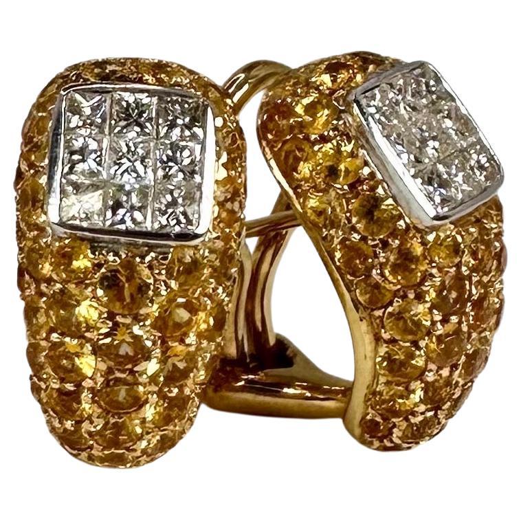 Rare Fancy Yellow Diamond Earrings Pave Diamond Earrings 18kt Yellow Gold Omega For Sale