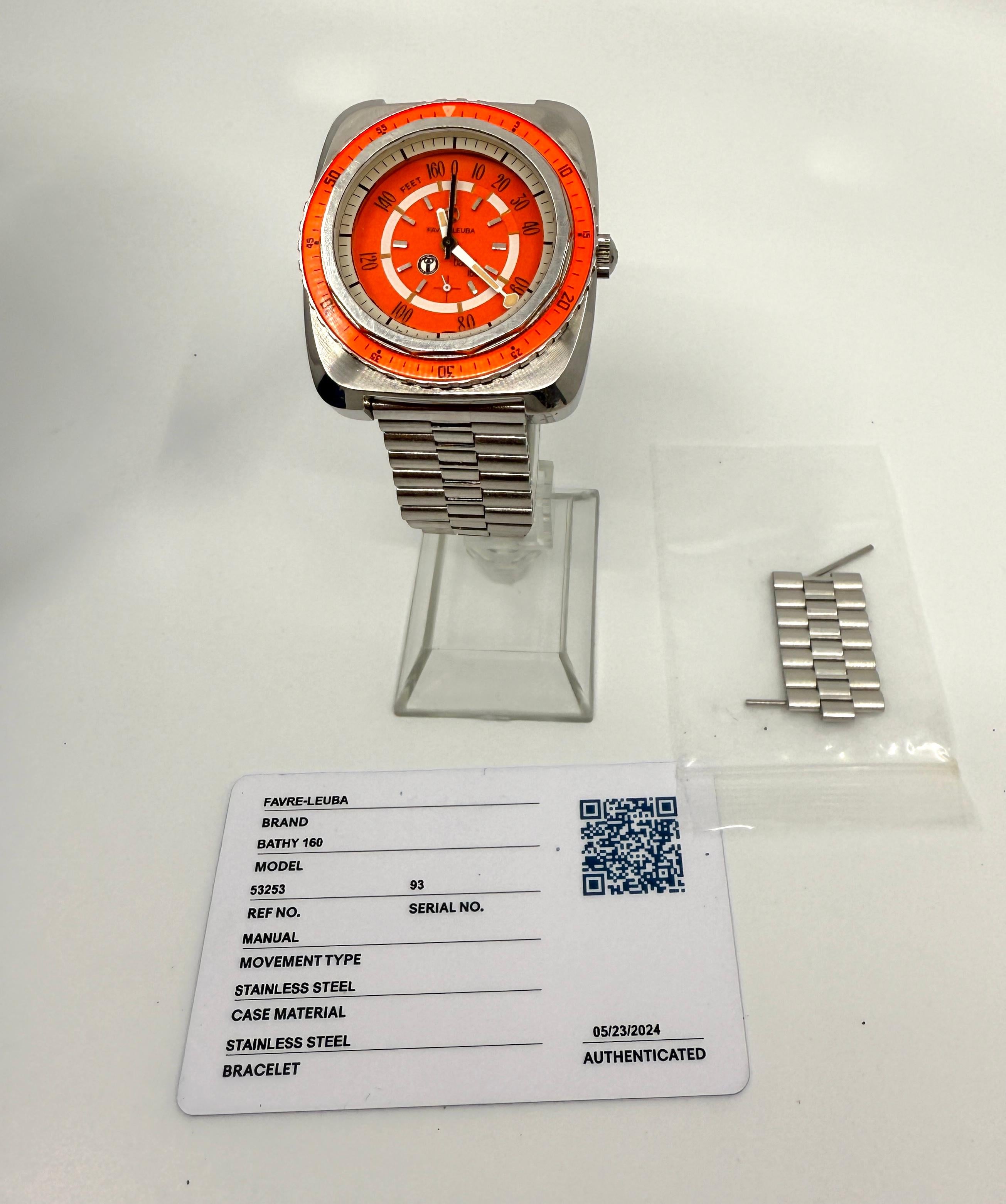 Rare montre de plongée Favre Leuba Bathy 160 US Divers Aqualung avec cadran et lunette orange en vente 7
