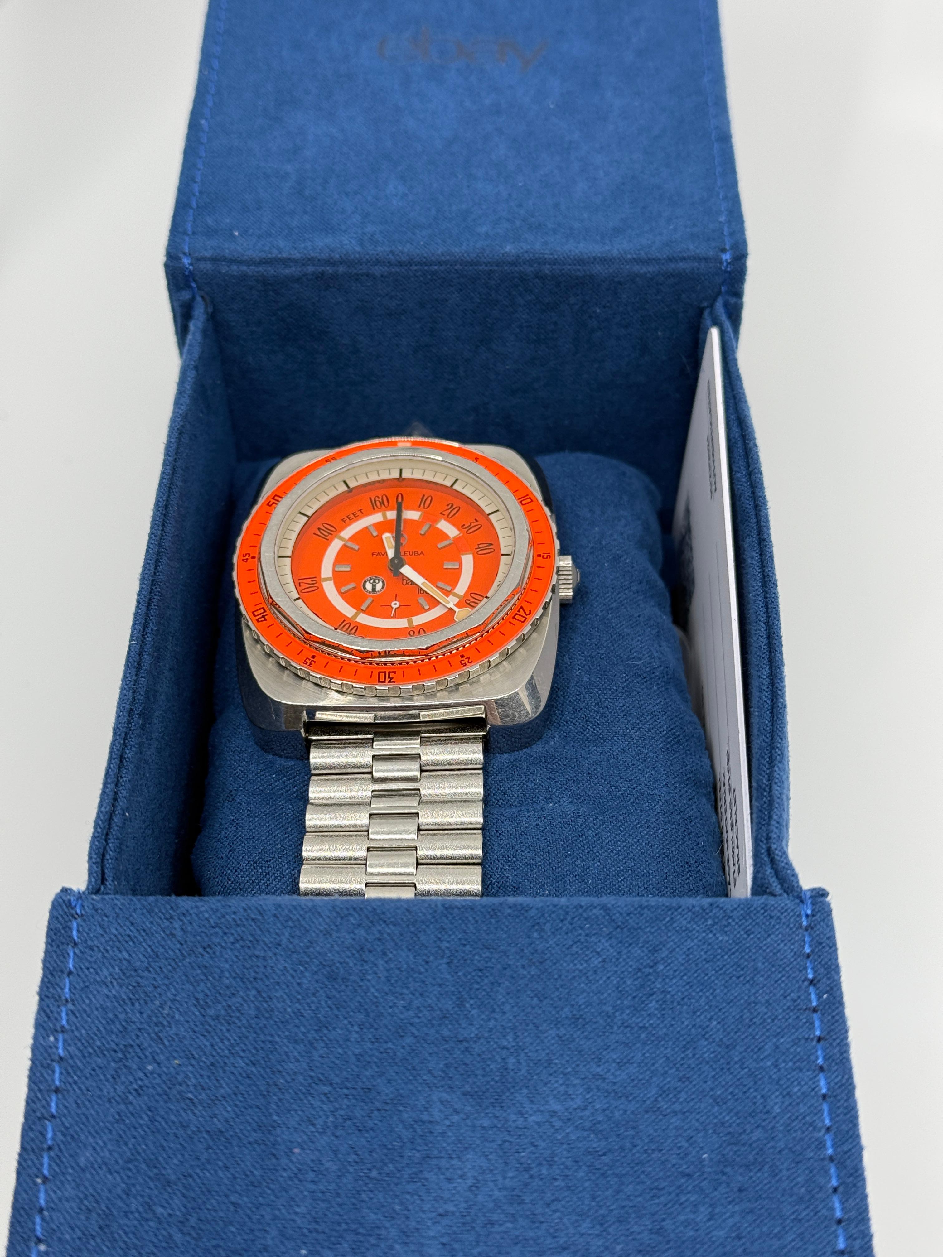 Rare montre de plongée Favre Leuba Bathy 160 US Divers Aqualung avec cadran et lunette orange en vente 8