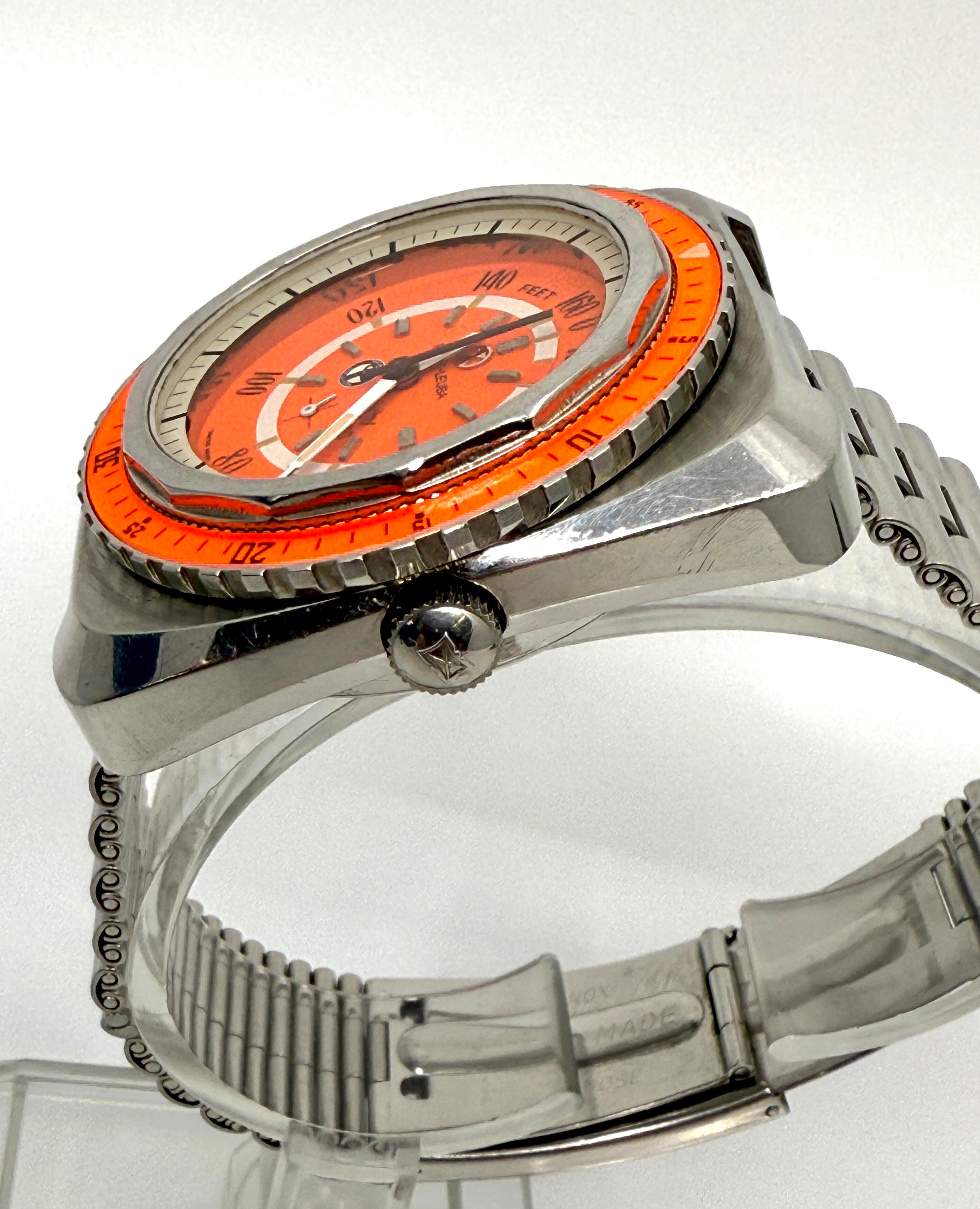 Suisse Rare montre de plongée Favre Leuba Bathy 160 US Divers Aqualung avec cadran et lunette orange en vente