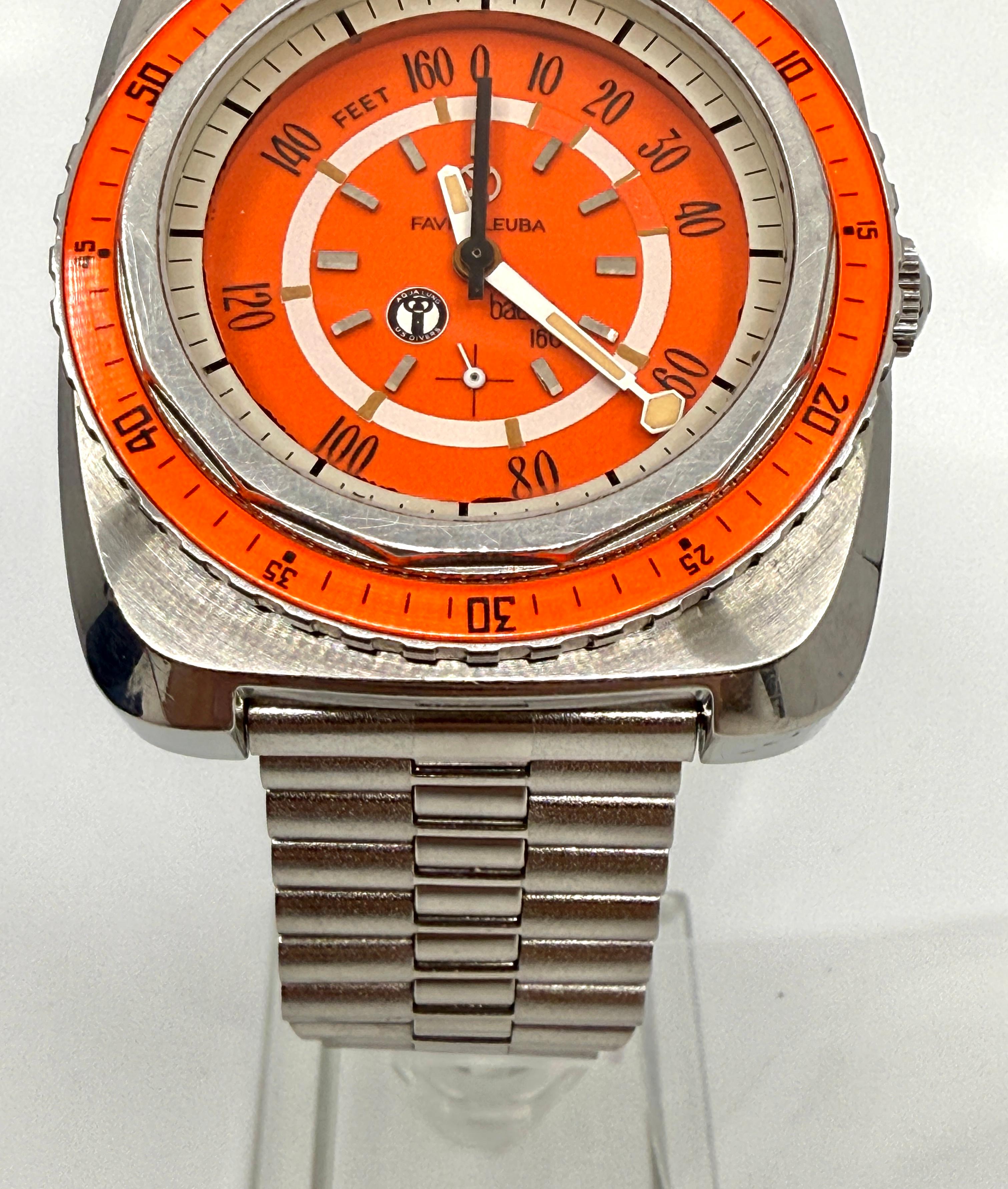 Rare montre de plongée Favre Leuba Bathy 160 US Divers Aqualung avec cadran et lunette orange Bon état - En vente à Palm Springs, CA