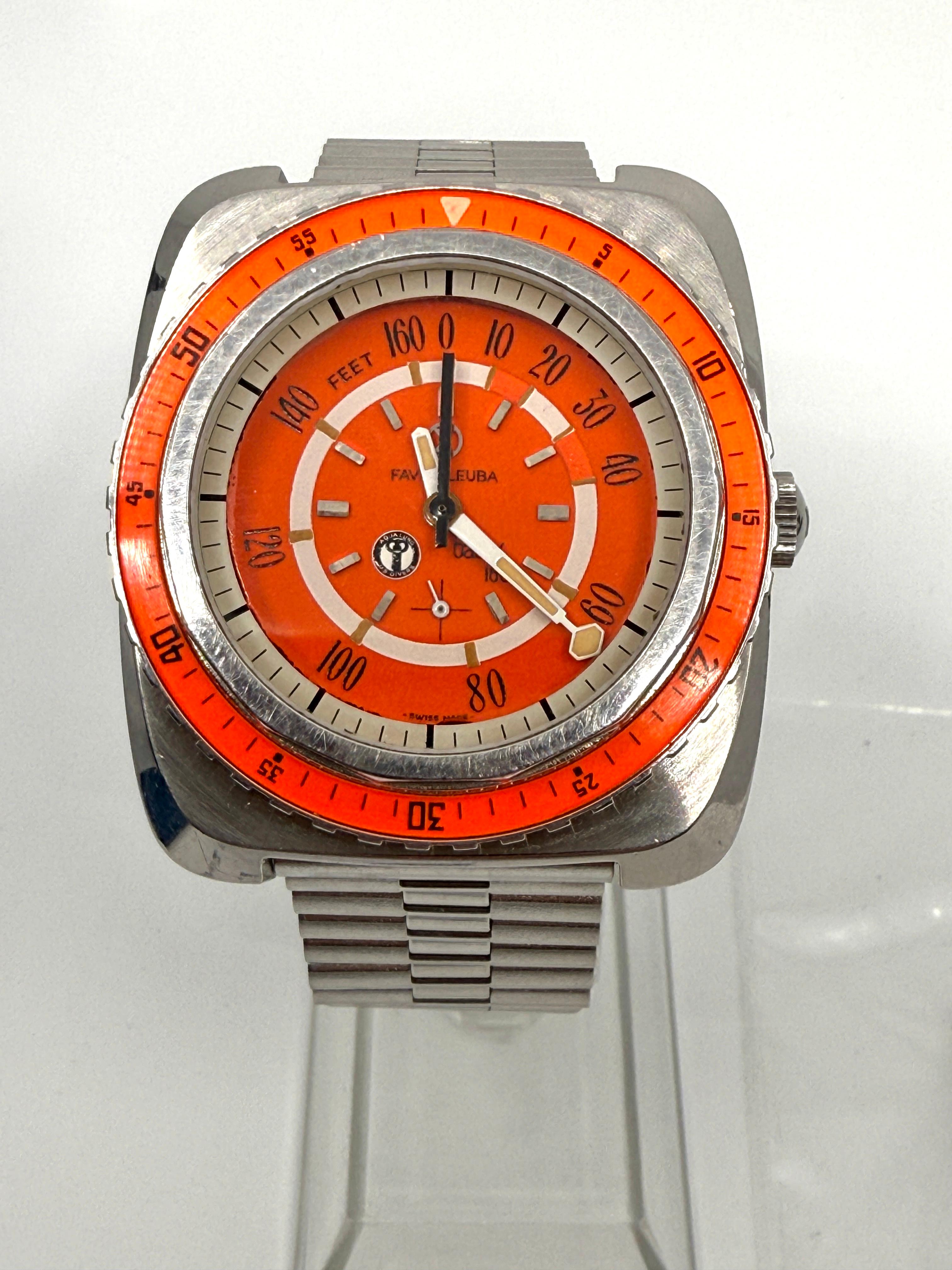 Fin du 20e siècle Rare montre de plongée Favre Leuba Bathy 160 US Divers Aqualung avec cadran et lunette orange en vente