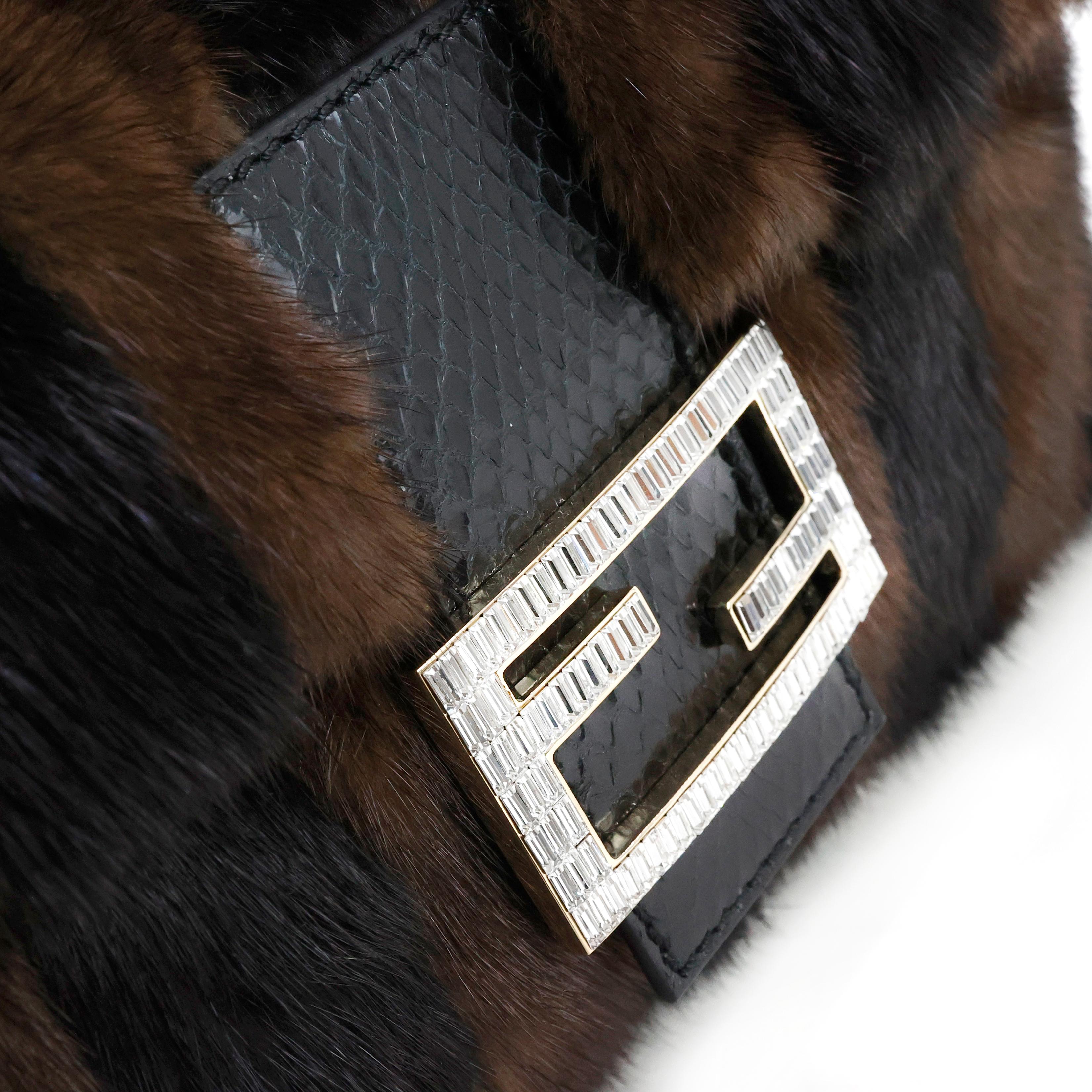 Rare Fendi Baguette in Fur + Snake leather crystal embellished logo For Sale 1