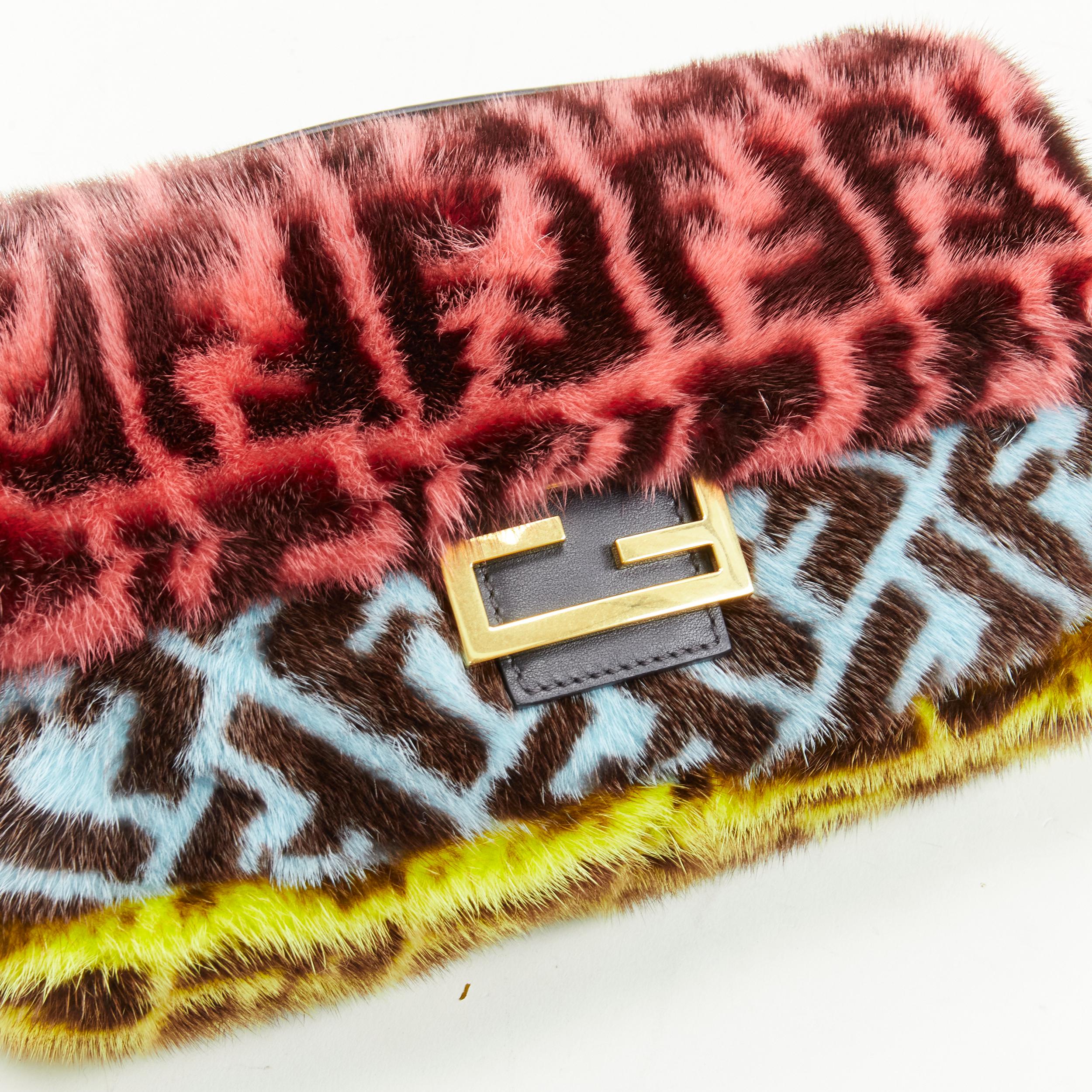 Women's rare FENDI Baguette Macro FF Zucca Monogram multicolor Mink fur crossbody bag