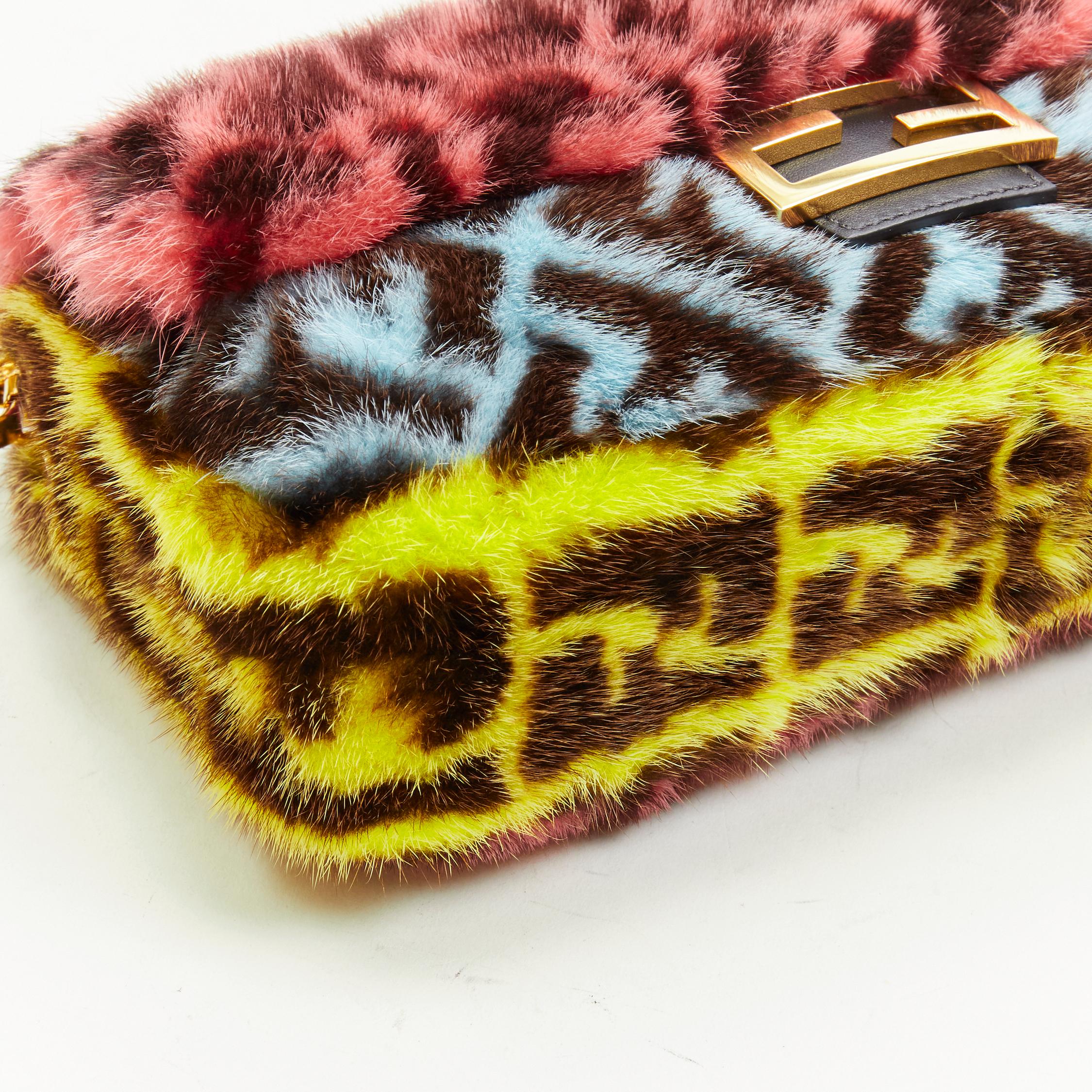 rare FENDI Baguette Macro FF Zucca Monogram multicolor Mink fur crossbody bag 2
