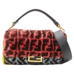 rare FENDI Baguette Macro FF Zucca Monogram multicolor Mink fur crossbody bag