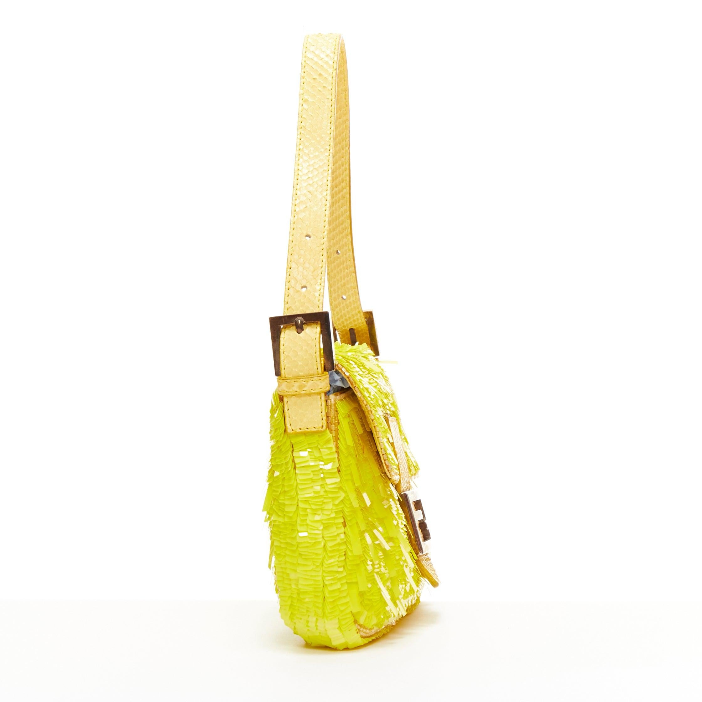 Women's rare FENDI Baguette neon yellow sequin scaled leather FF buckle shoulder bag