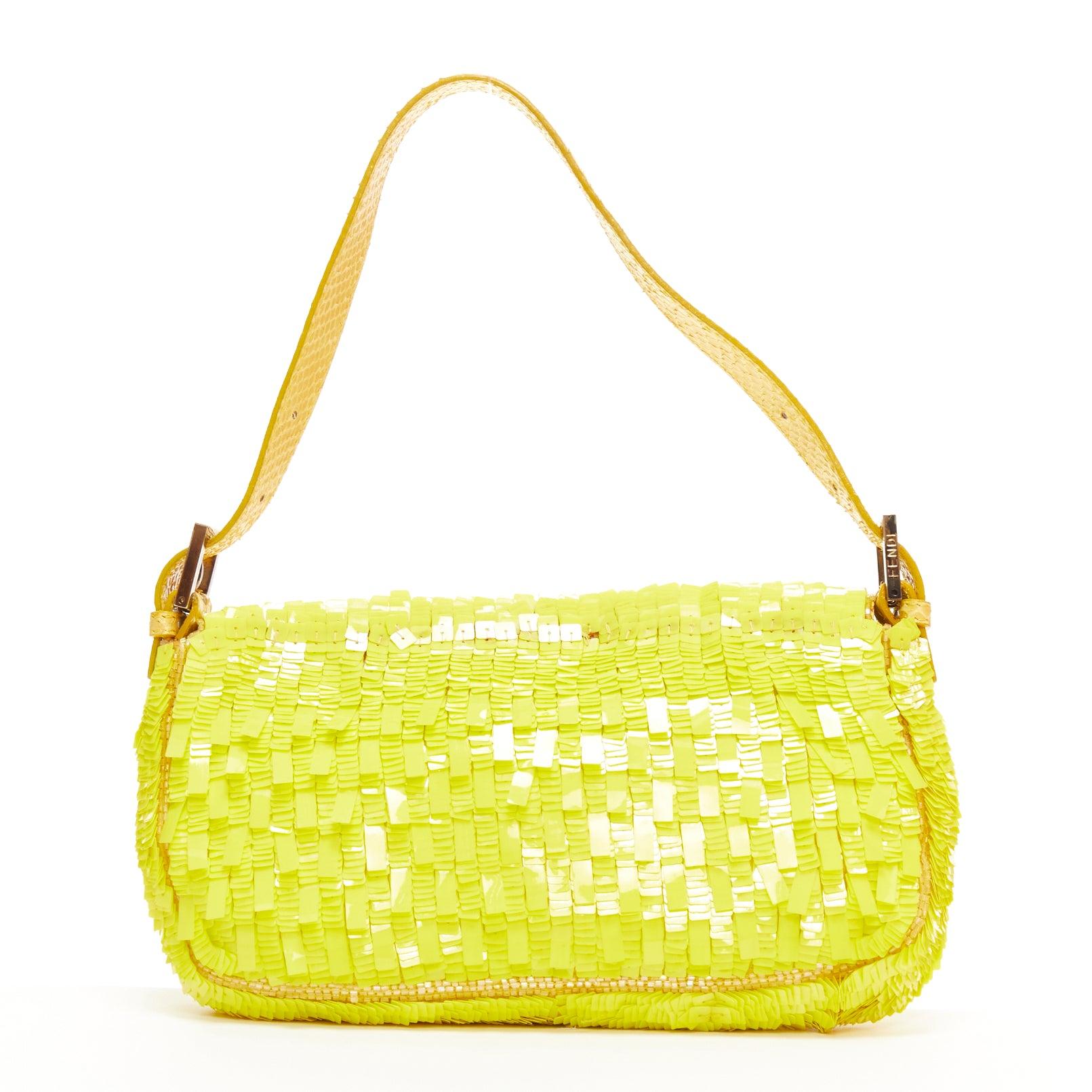 rare FENDI Baguette neon yellow sequin scaled leather FF buckle shoulder bag 1