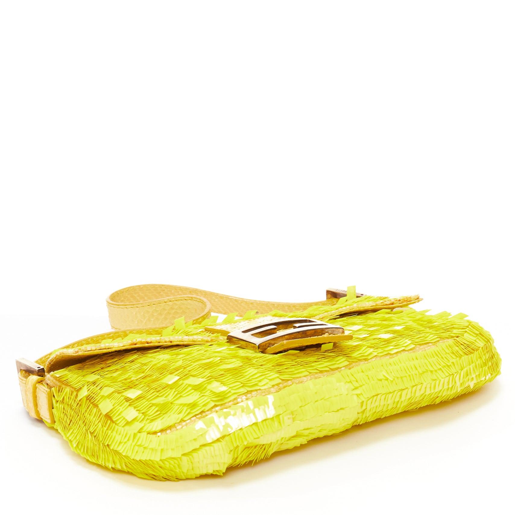 rare FENDI Baguette neon yellow sequin scaled leather FF buckle shoulder bag 2