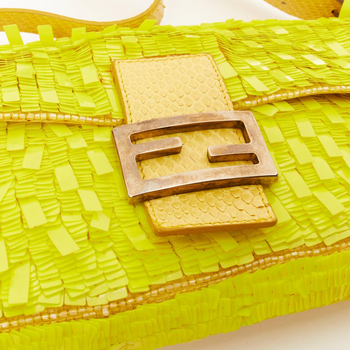 rare FENDI Baguette neon yellow sequin scaled leather FF buckle shoulder bag 3