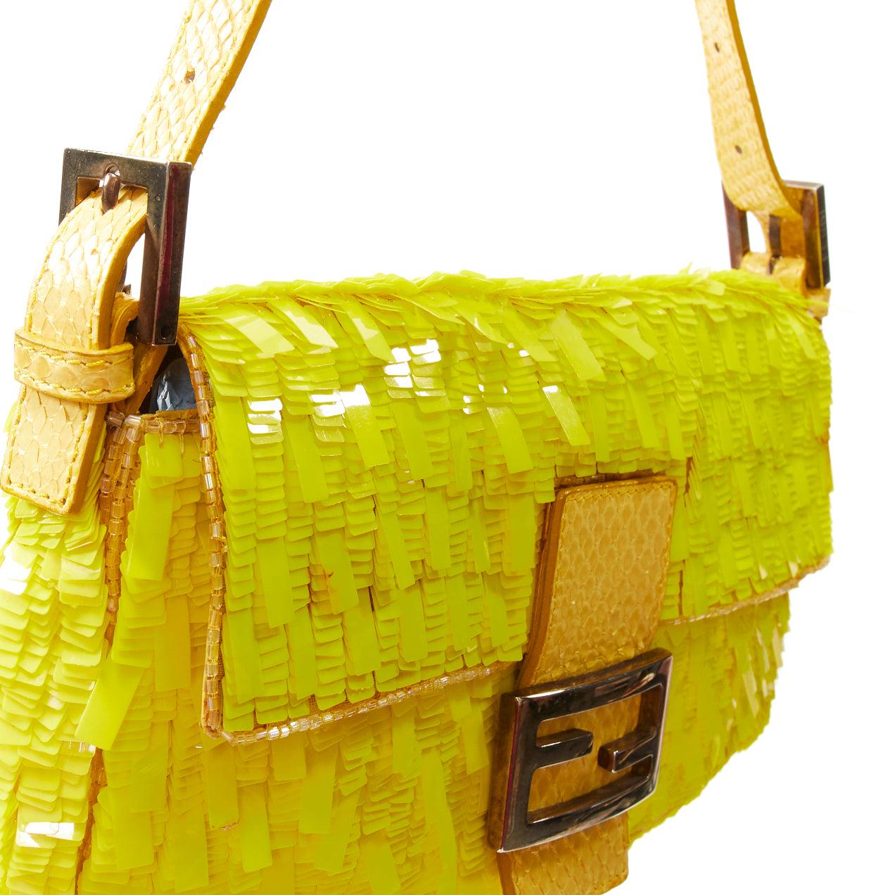 rare FENDI Baguette neon yellow sequin scaled leather FF buckle shoulder bag 4