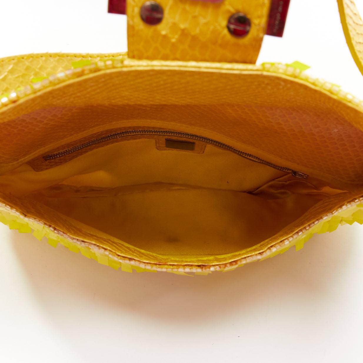 rare FENDI Baguette neon yellow sequin scaled leather FF buckle shoulder bag 5