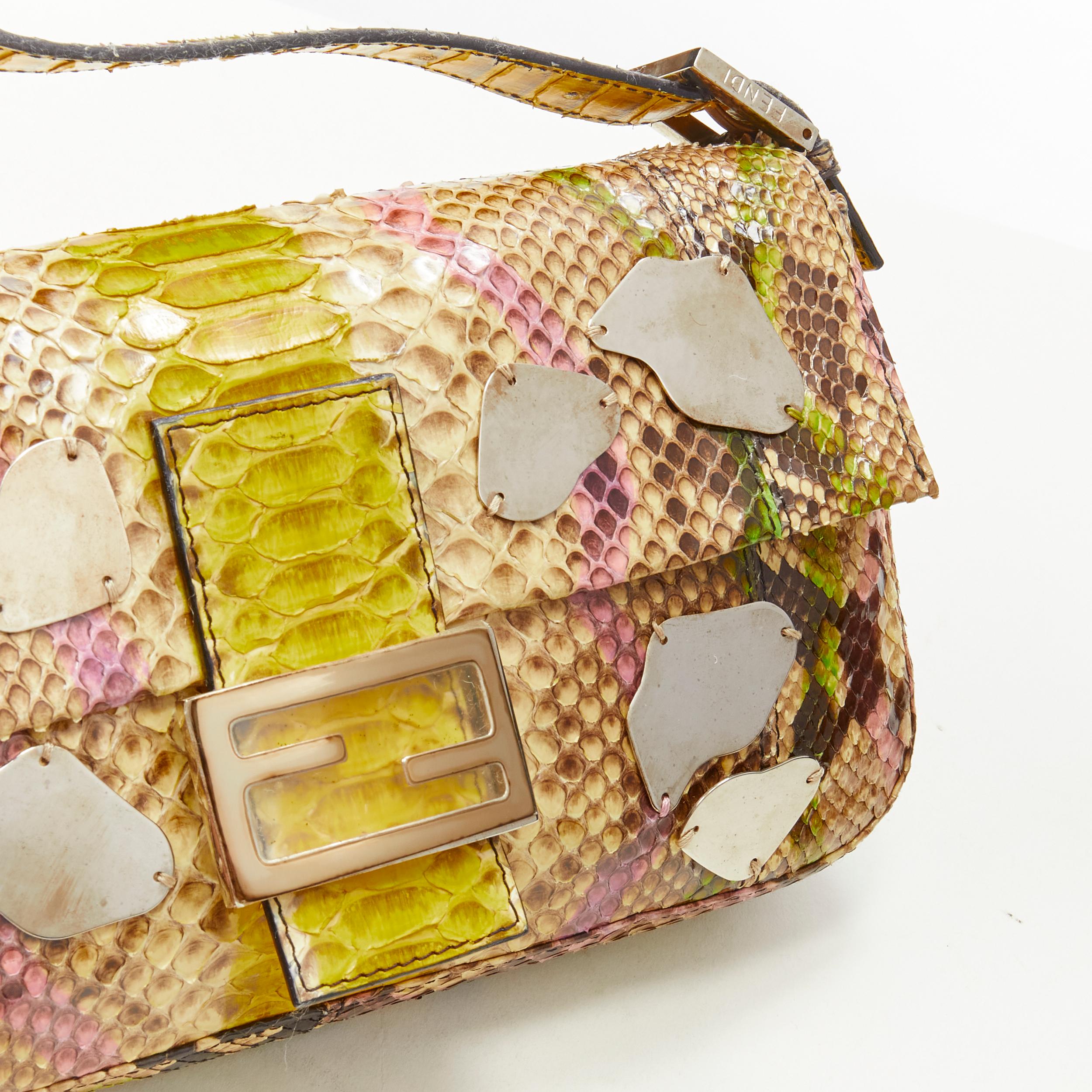 Women's rare FENDI Baguette Vintage glossy scaled leather gold mirror applique bag