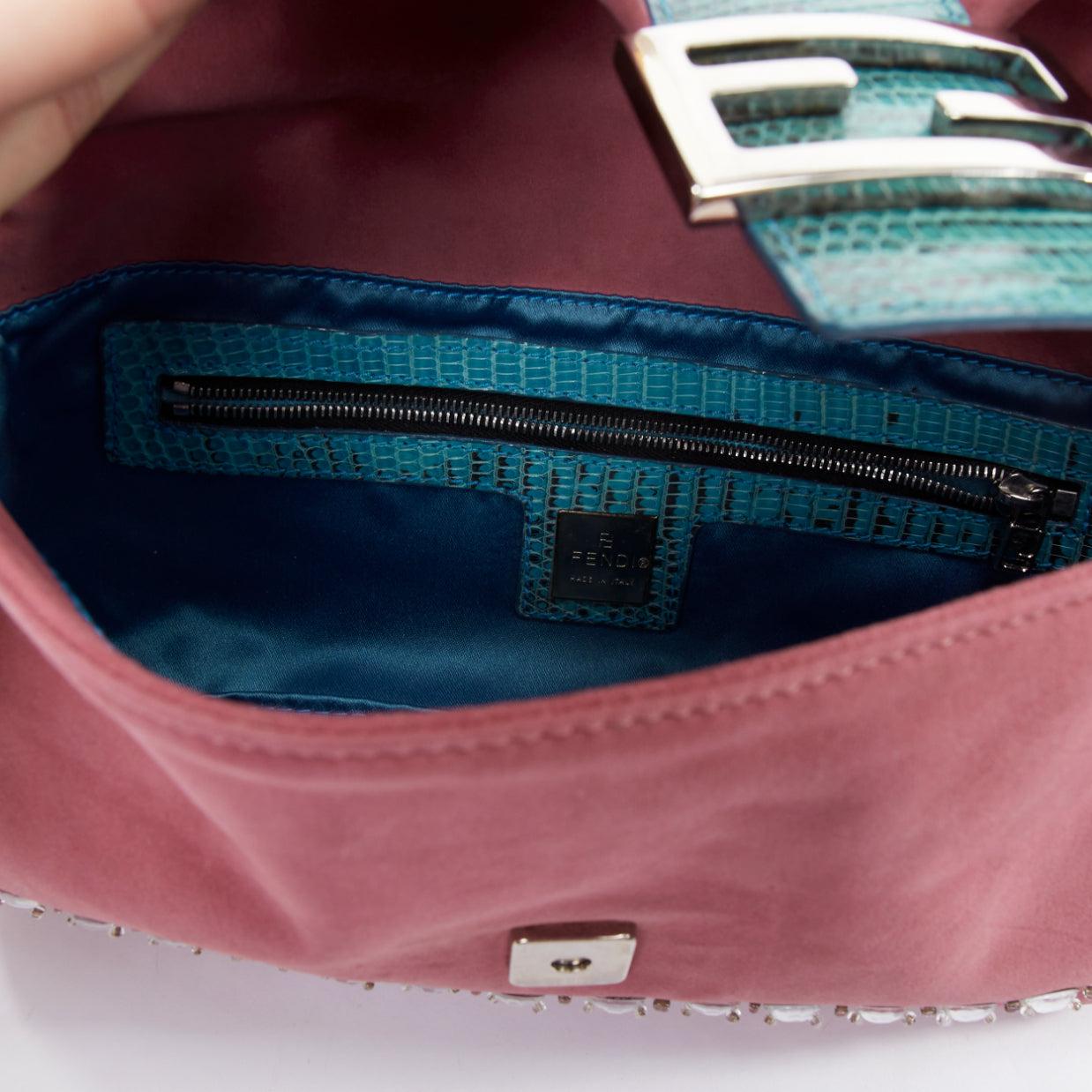 rare FENDI Baguette Vintage pink suede blue flower crystals leather bag 5