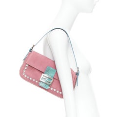 rare FENDI Baguette Vintage pink suede blue flower crystals leather bag