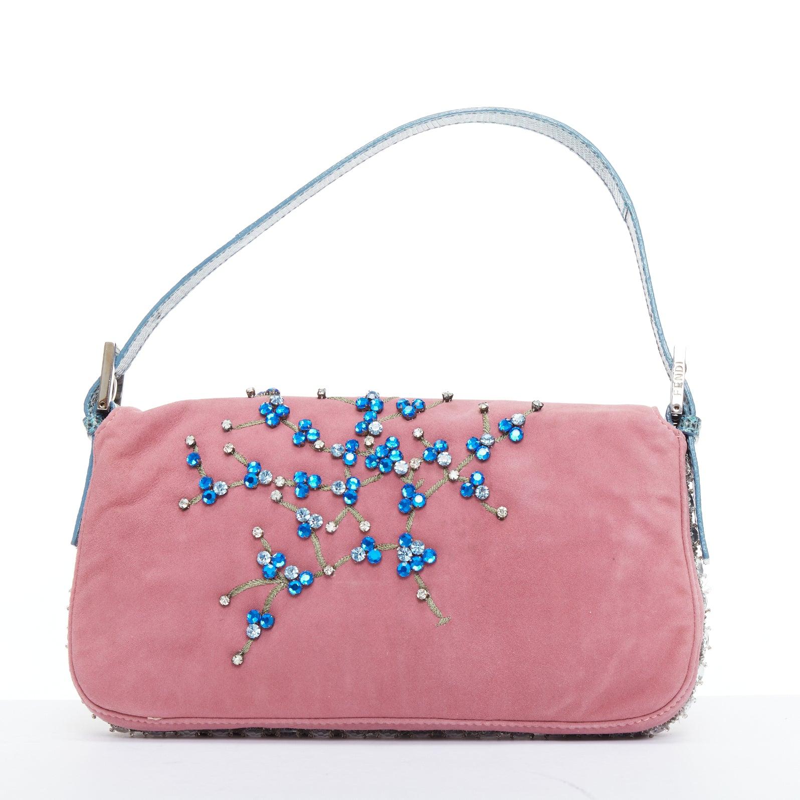 Brown rare FENDI Baguette Vintage pink suede blue flower crystals leather bag