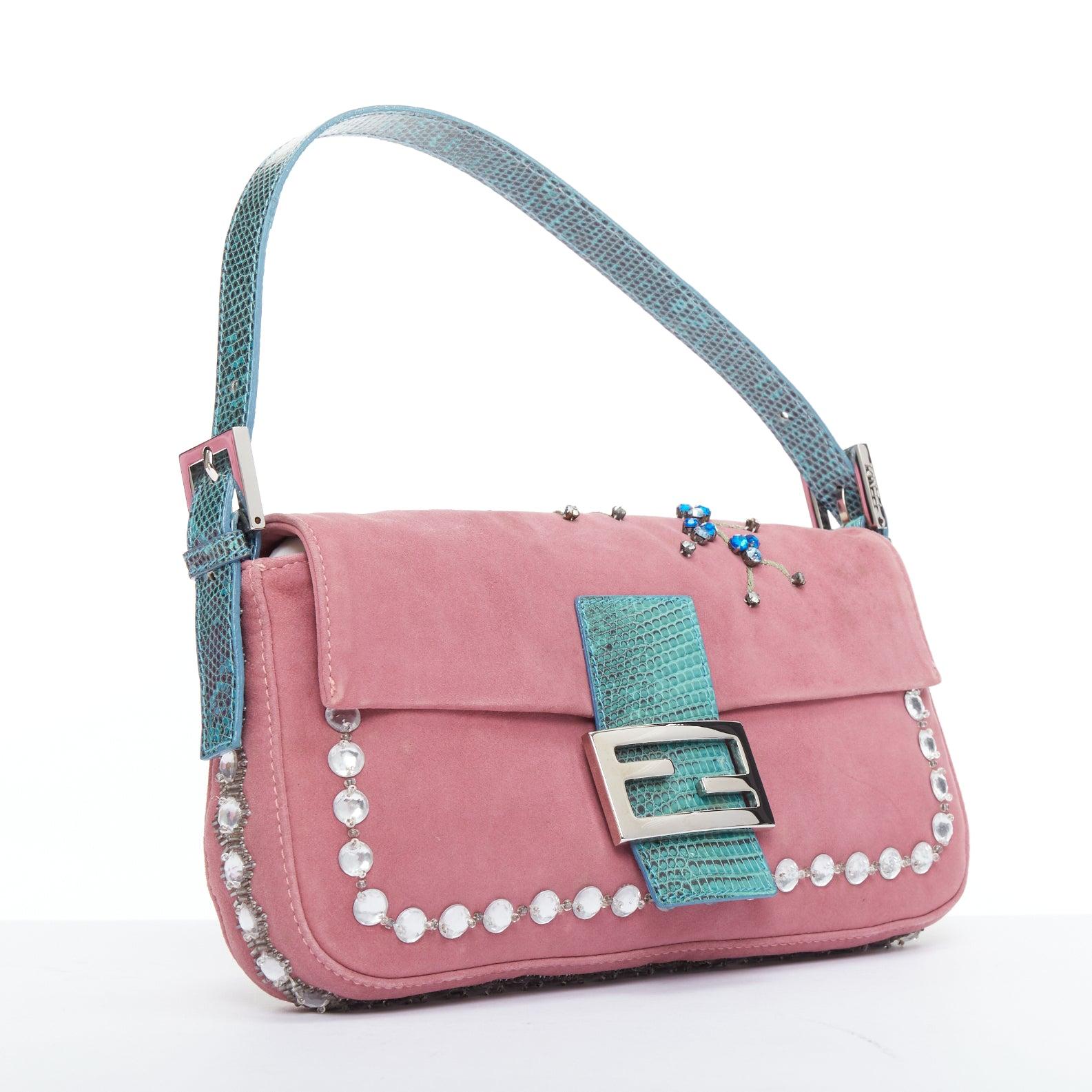 rare FENDI Baguette Vintage pink suede blue flower crystals leather bag In Good Condition In Hong Kong, NT