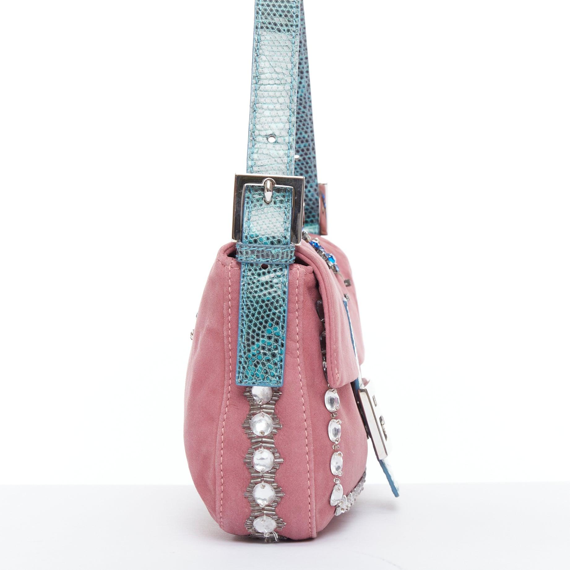Women's rare FENDI Baguette Vintage pink suede blue flower crystals leather bag