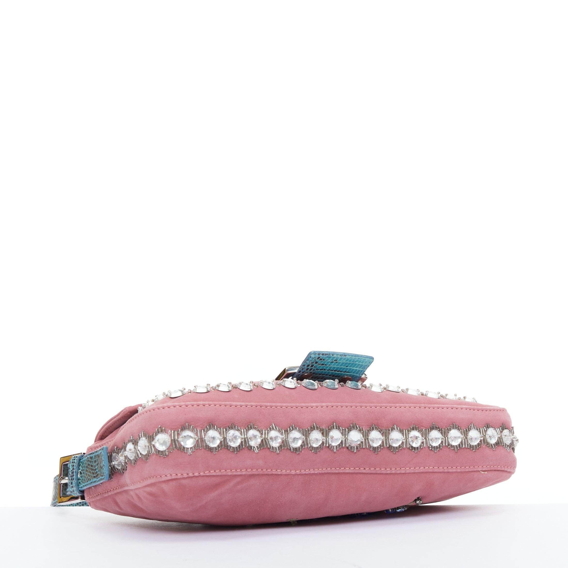 rare FENDI Baguette Vintage pink suede blue flower crystals leather bag 1