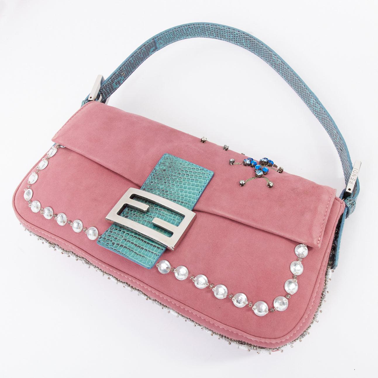 rare FENDI Baguette Vintage pink suede blue flower crystals leather bag 2