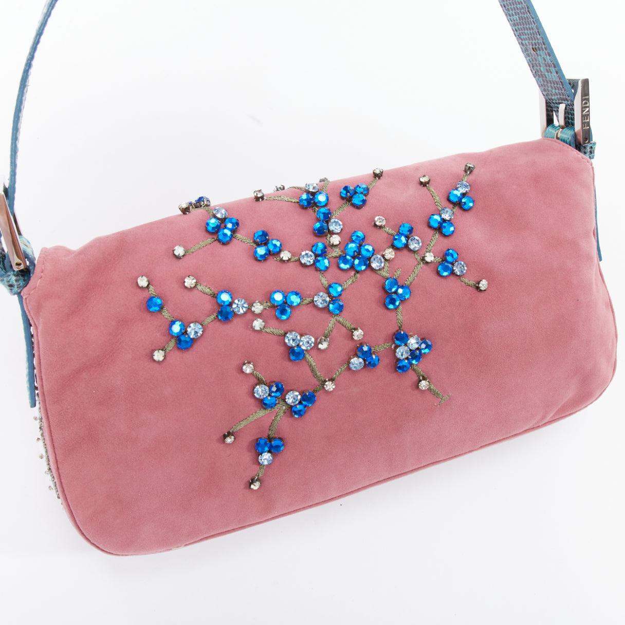 rare FENDI Baguette Vintage pink suede blue flower crystals leather bag 3
