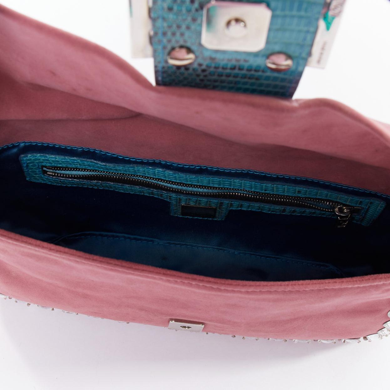 rare FENDI Baguette Vintage pink suede blue flower crystals leather bag 4