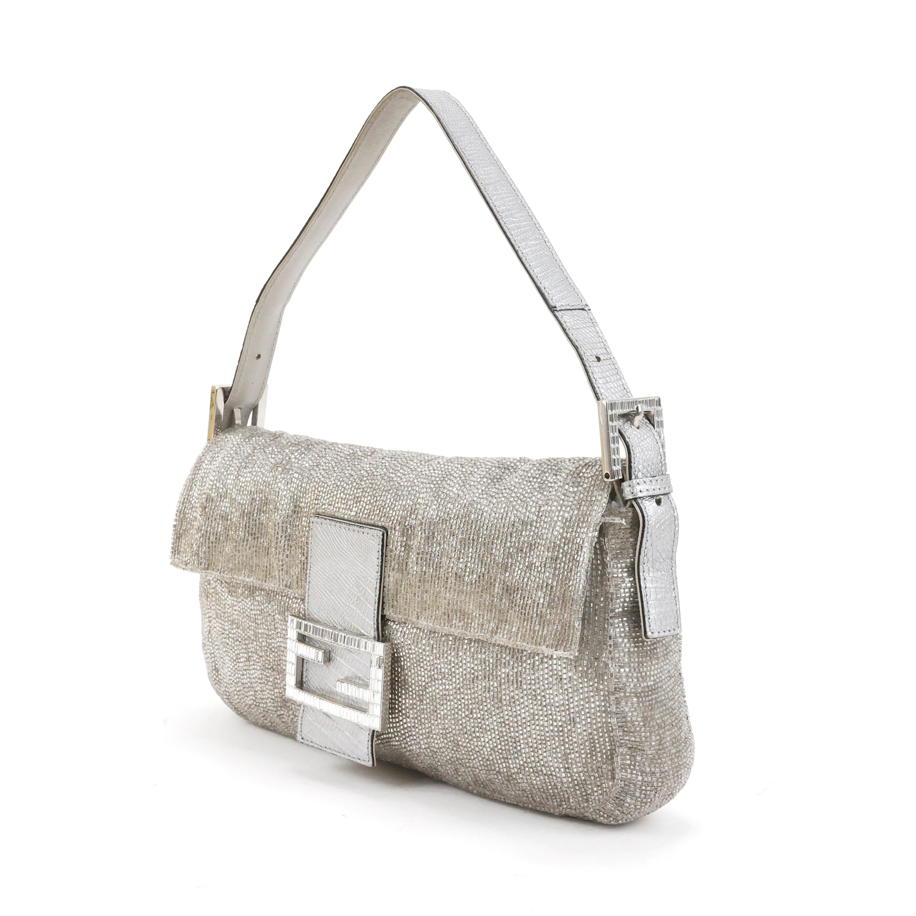 Rare Fendi Crystal Embellished Baguette with Lizard Leather For Sale 8