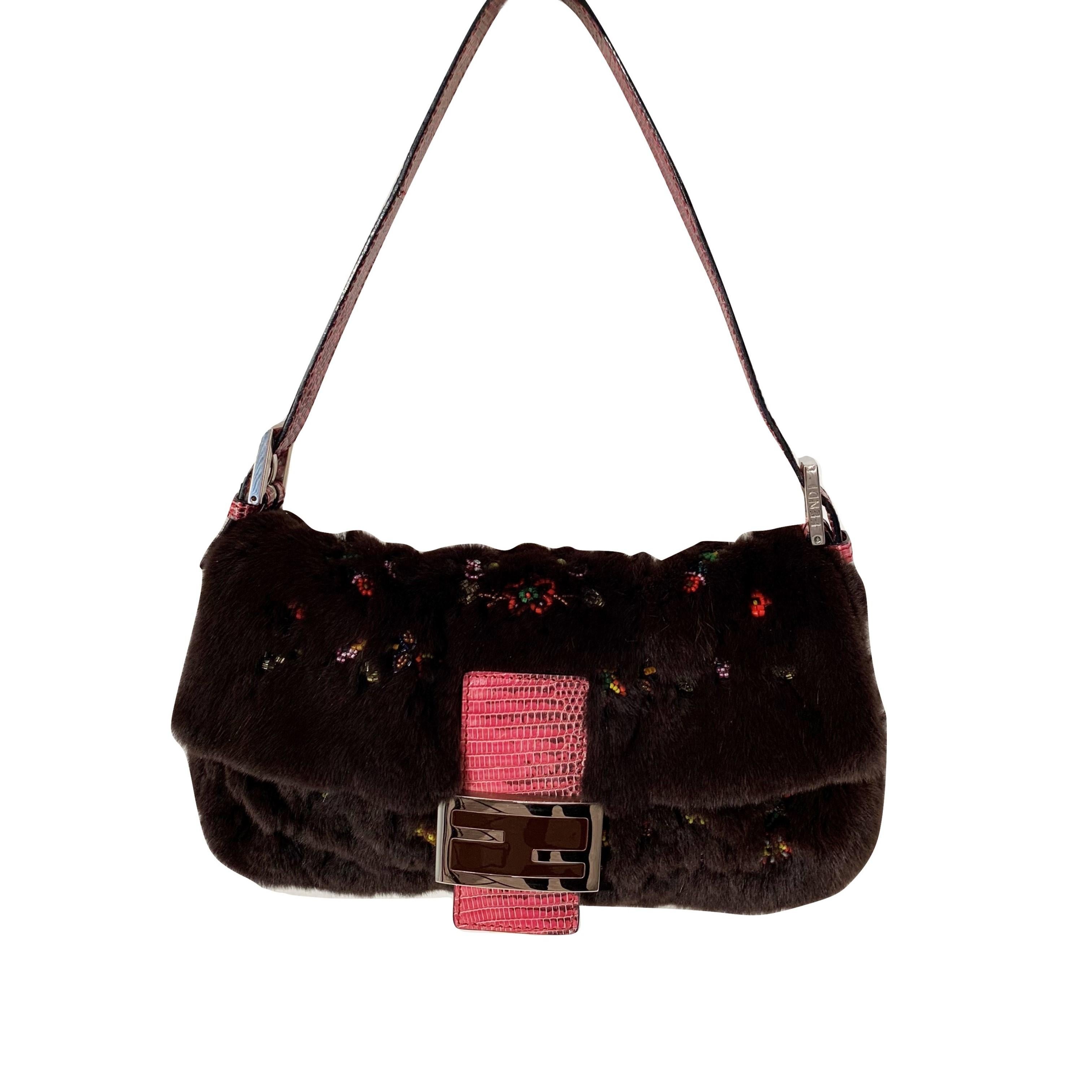 New Rare Vintage Fendi Fur Beaded Lizard Chocolate Baguette Bag 2