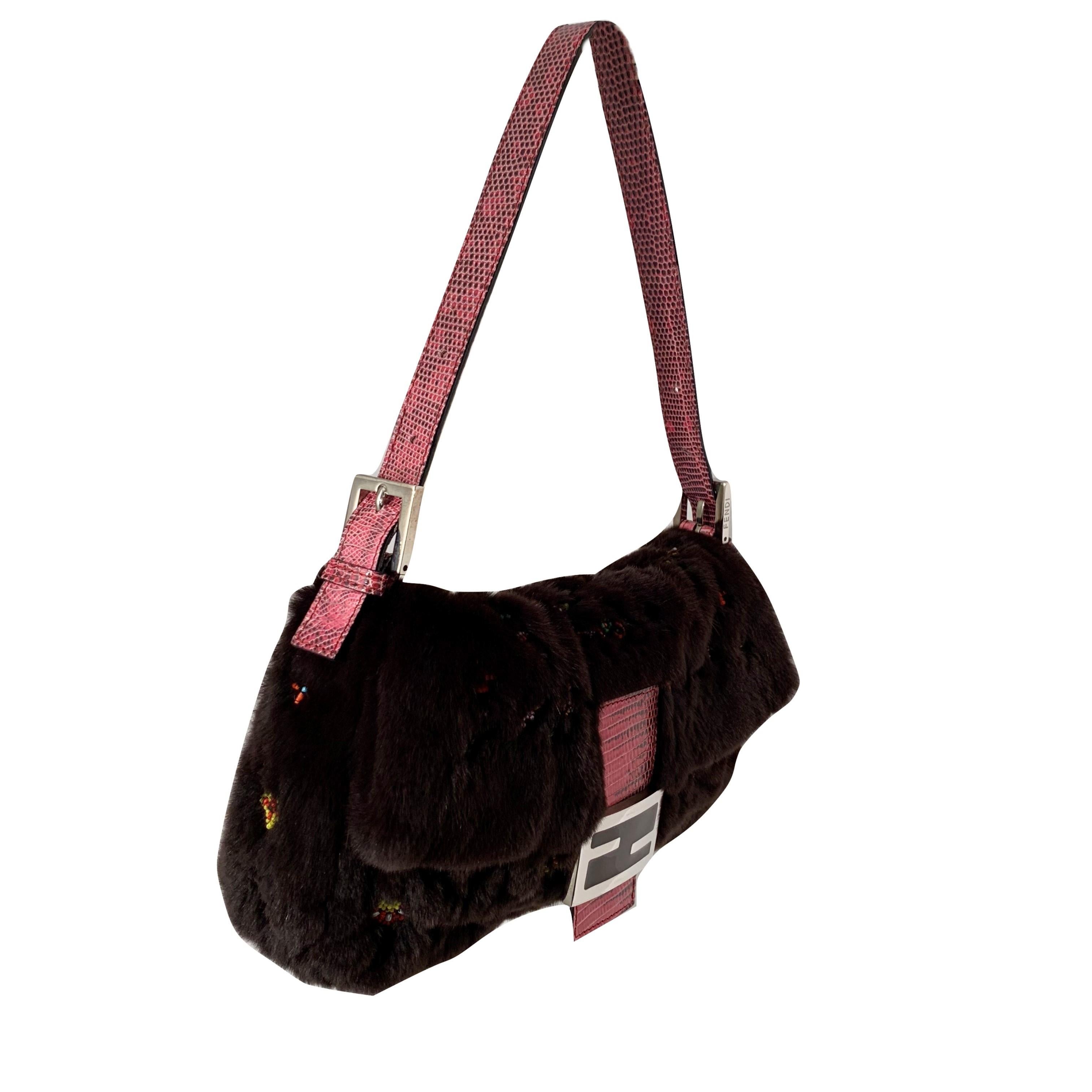 New Rare Vintage Fendi Fur Beaded Lizard Chocolate Baguette Bag 7