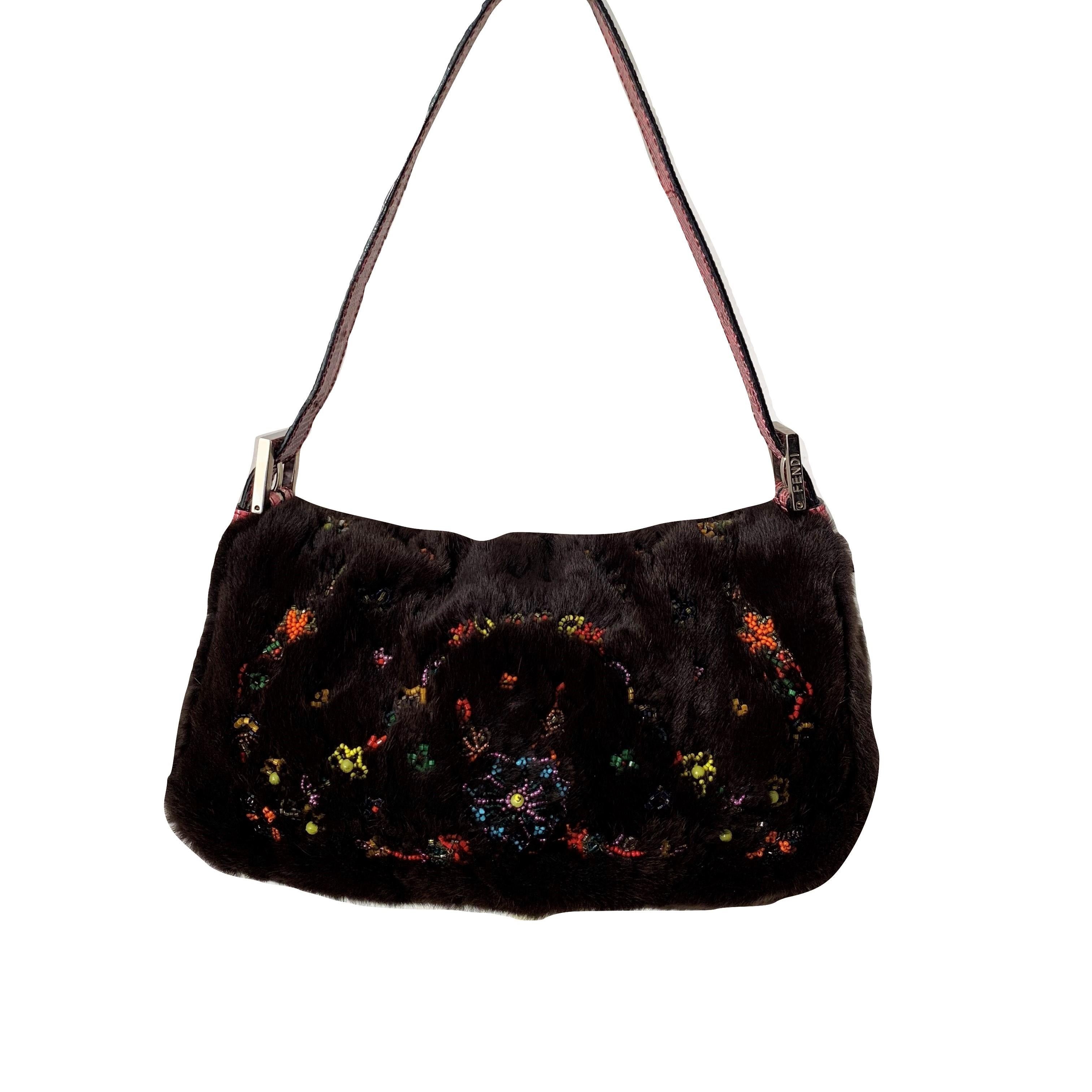 New Rare Vintage Fendi Fur Beaded Lizard Chocolate Baguette Bag 9