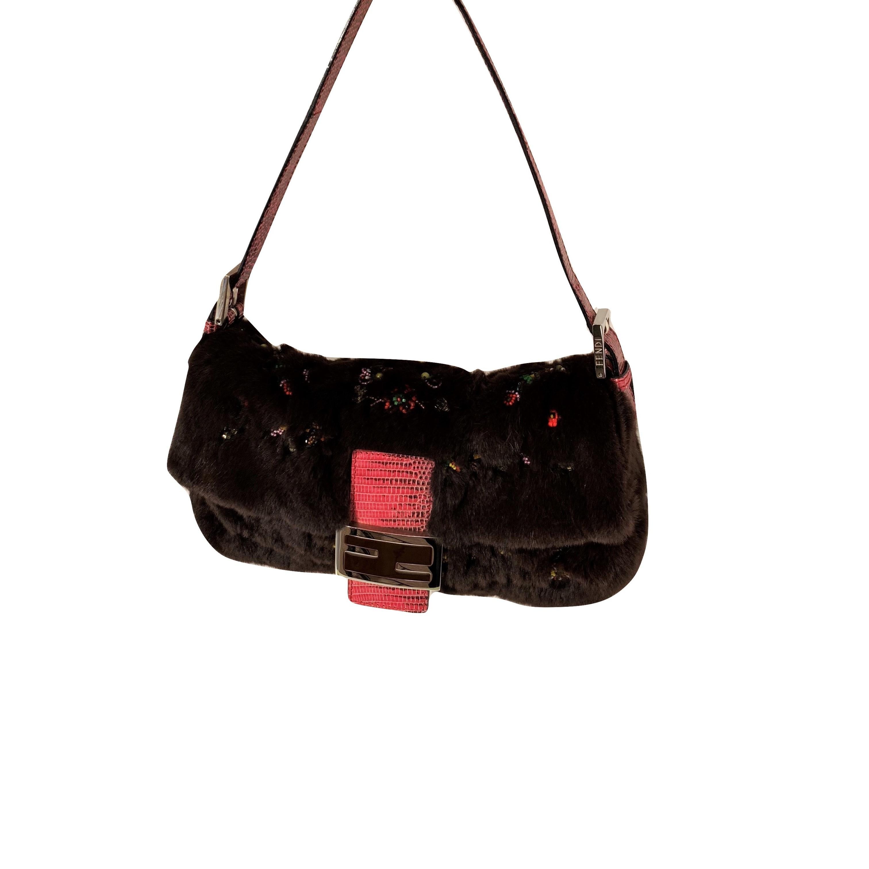 New Rare Vintage Fendi Fur Beaded Lizard Chocolate Baguette Bag 10