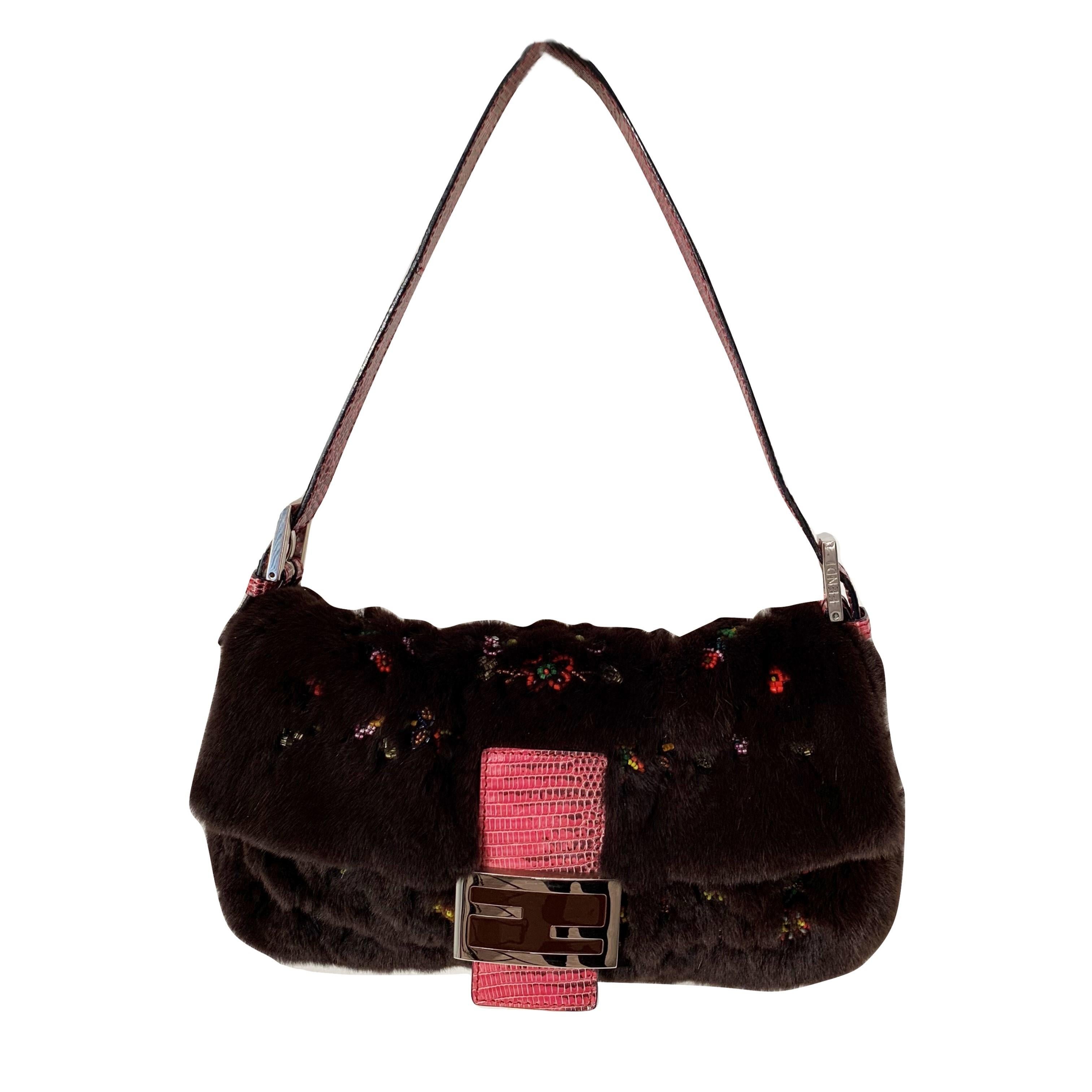 Black New Rare Vintage Fendi Fur Beaded Lizard Chocolate Baguette Bag