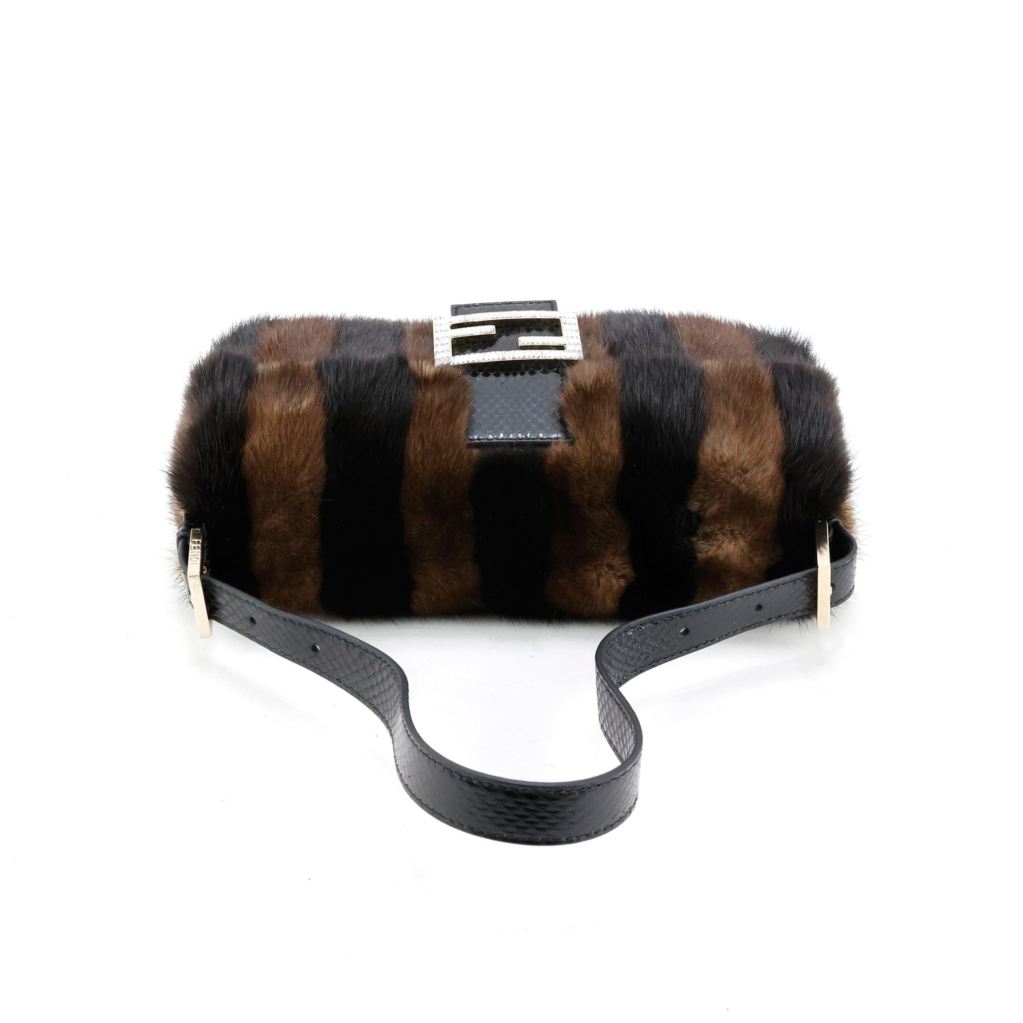 Rare Fendi Fur + Snake leather crystal embellished Baguette Bag For Sale 5