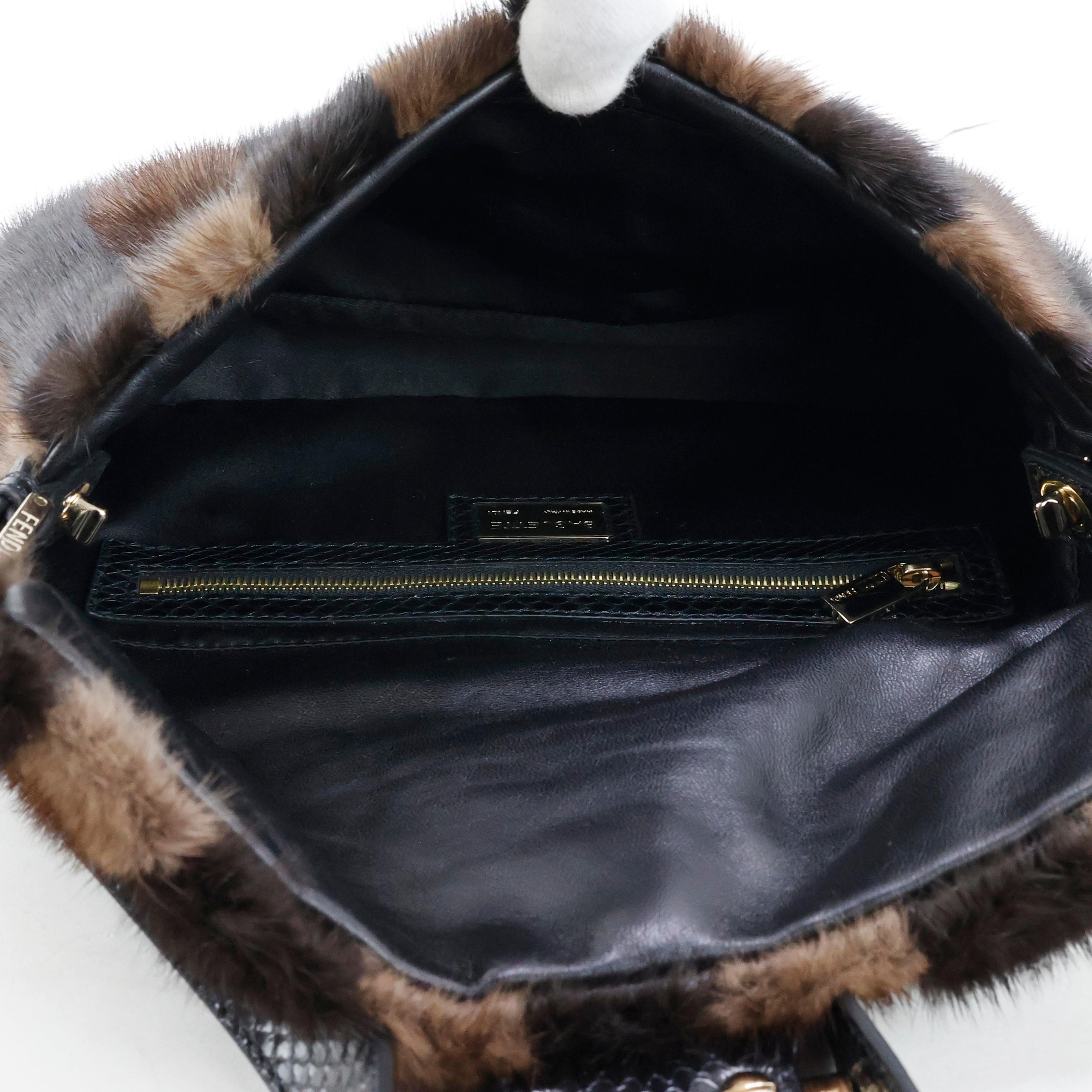Rare Fendi Fur + Snake leather crystal embellished Baguette Bag For Sale 10
