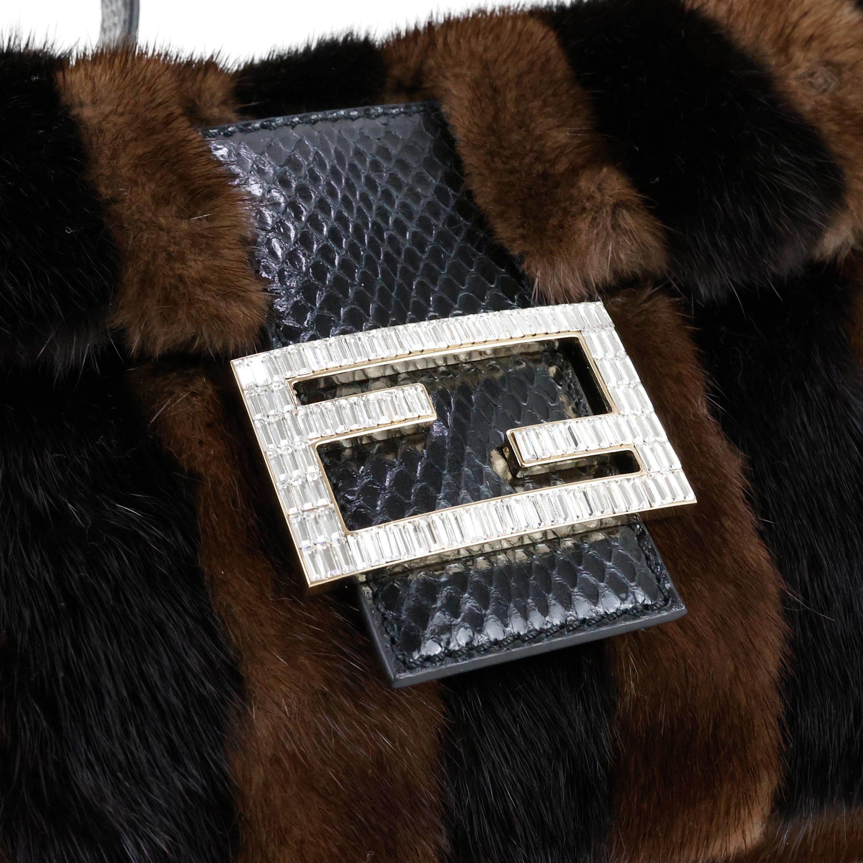Rare Fendi Fur + Snake leather crystal embellished Baguette Bag For Sale 11