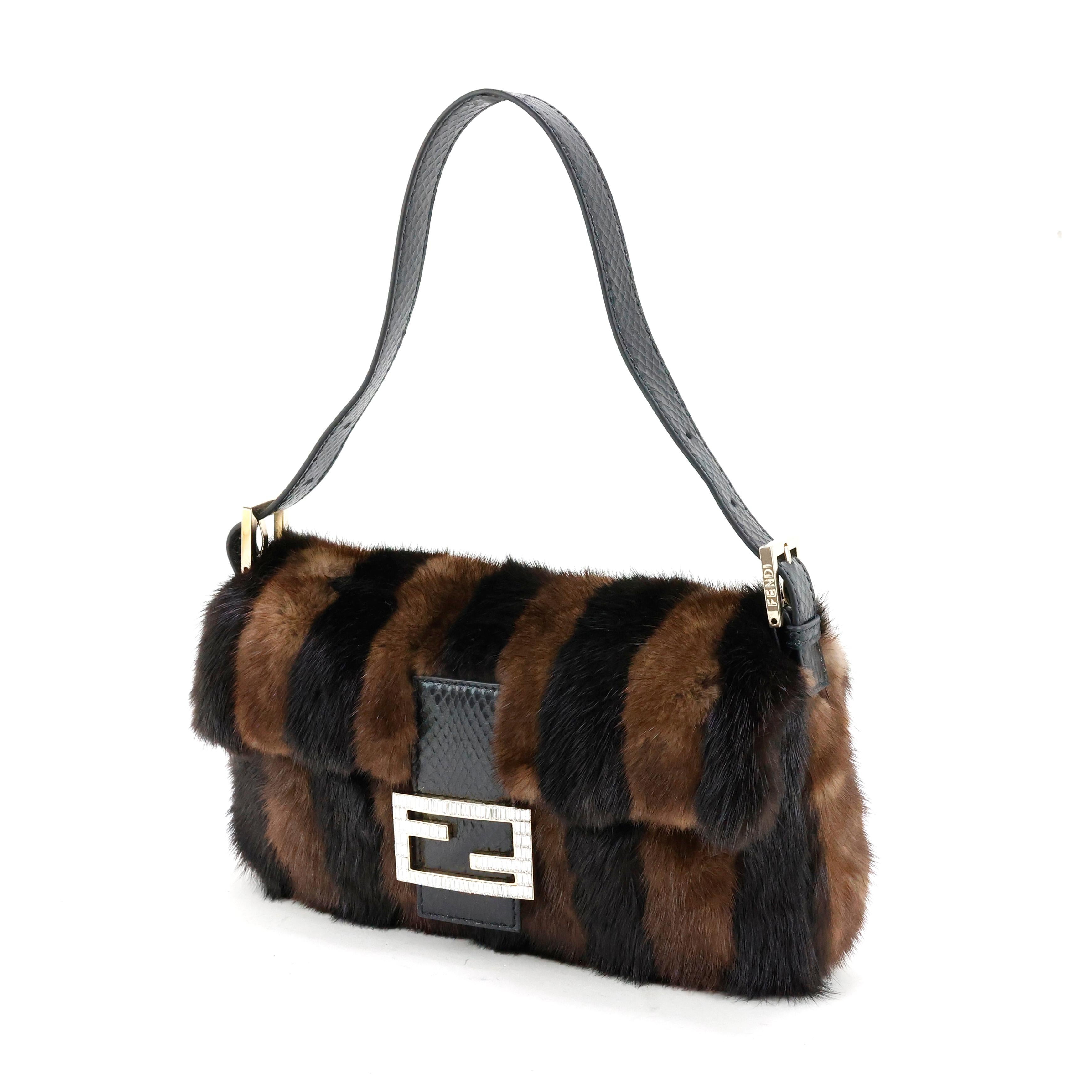 Rare Fendi Fur + Snake leather crystal embellished Baguette Bag For Sale 1
