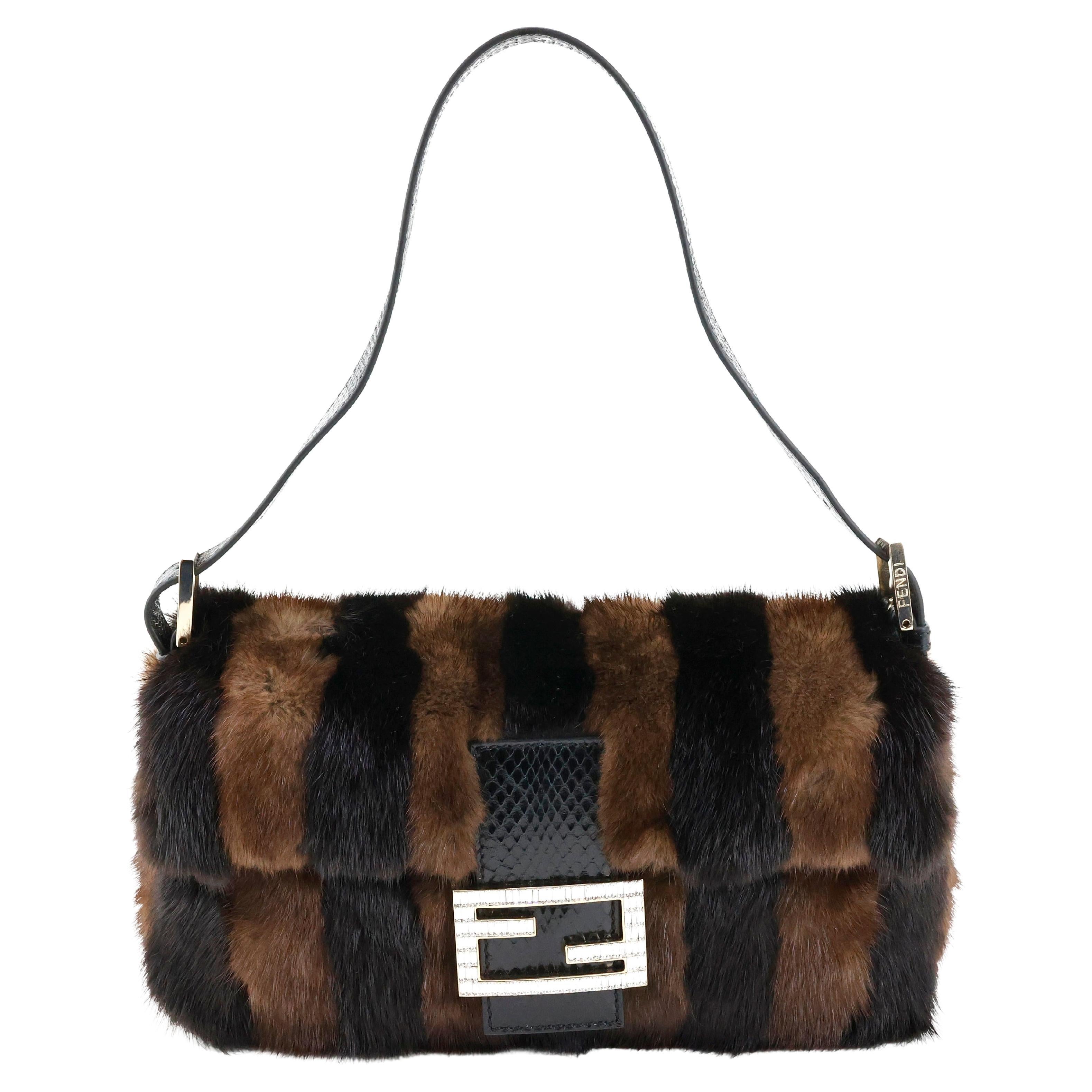 Rare Fendi Fur + Snake leather crystal embellished Baguette Bag For Sale
