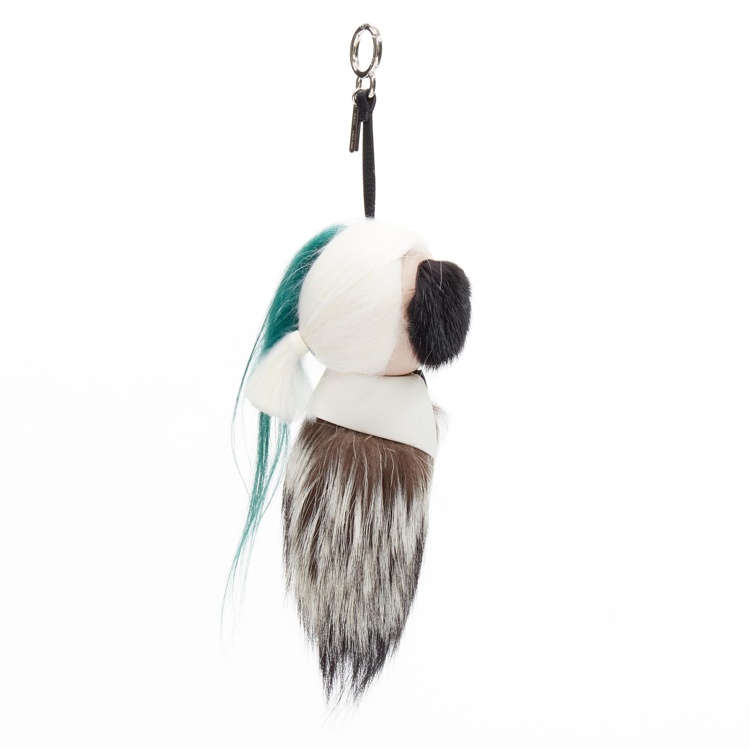 rare FENDI Karl Lagerfeld Karlito fox fur green hair leather bag bug charm In Excellent Condition For Sale In Hong Kong, NT