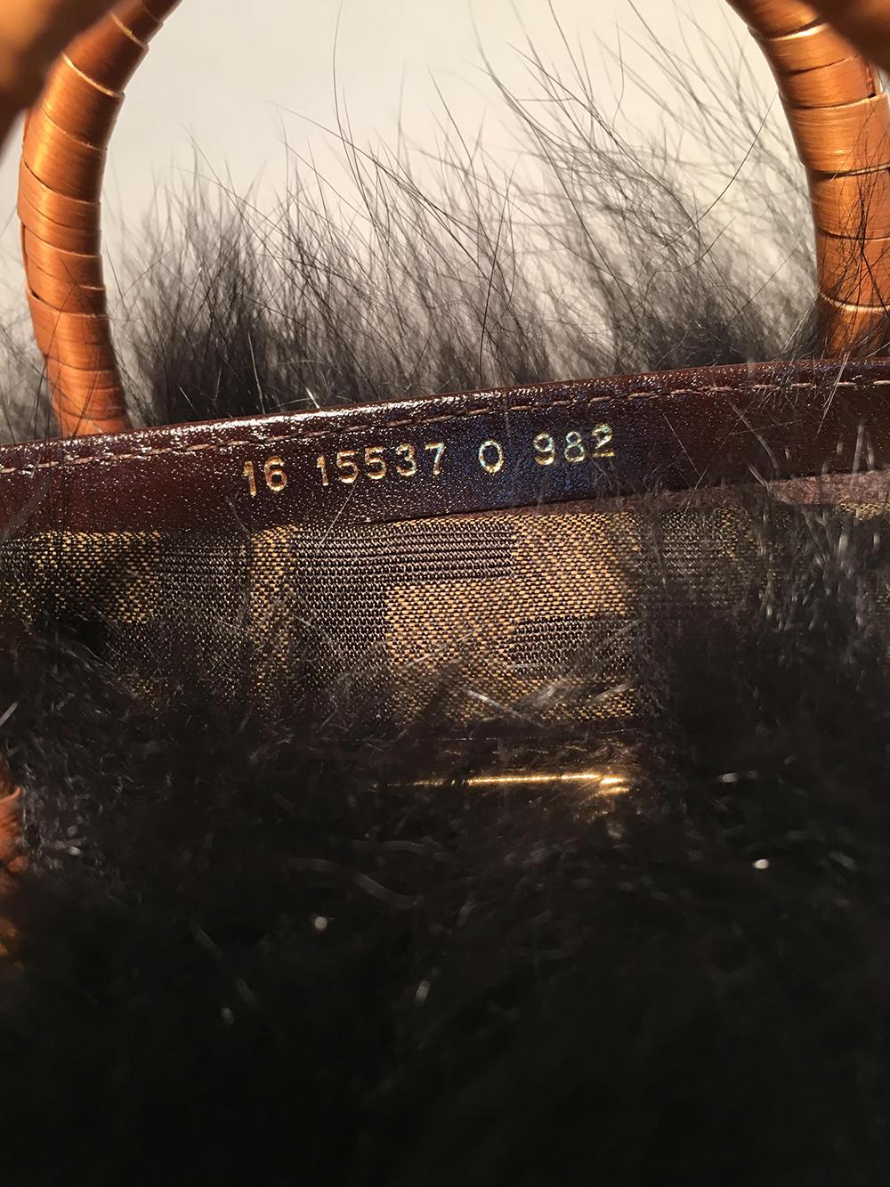 Women's RARE Fendi Mini Wicker Basket Black Fox Fur Trim Handbag