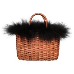 RARE Fendi Mini Wicker Basket Black Fox Fur Trim Handbag