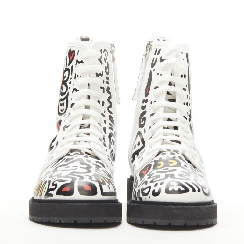 Black rare FENDI MR DOODLE white logo graffiti print laced combat ankle boot EU36 For Sale