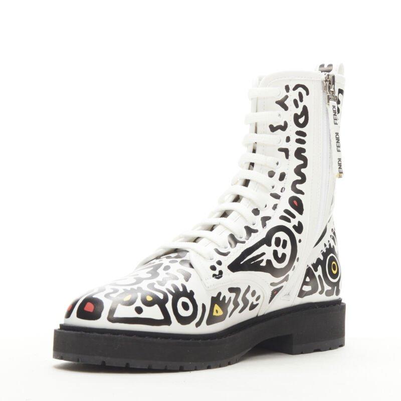 rare FENDI MR DOODLE white logo graffiti print laced combat ankle boot EU36 In Excellent Condition For Sale In Hong Kong, NT