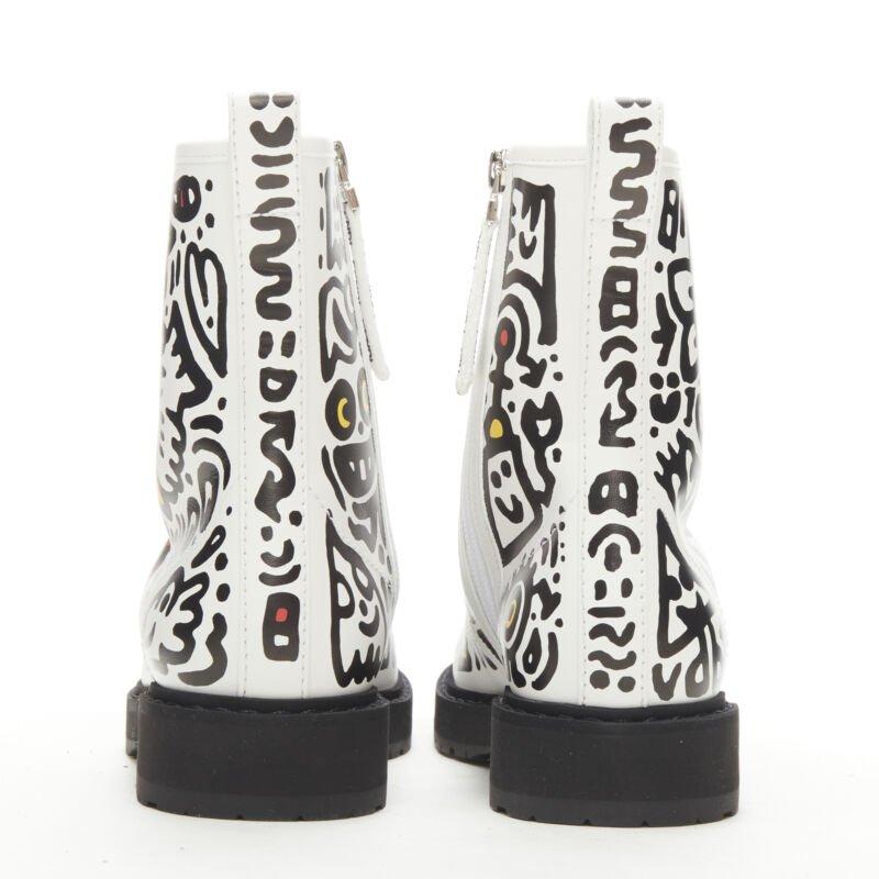 Women's rare FENDI MR DOODLE white logo graffiti print laced combat ankle boot EU36 For Sale