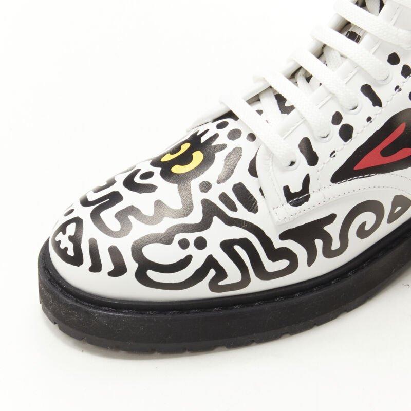 rare FENDI MR DOODLE white logo graffiti print laced combat ankle boot EU36 For Sale 2